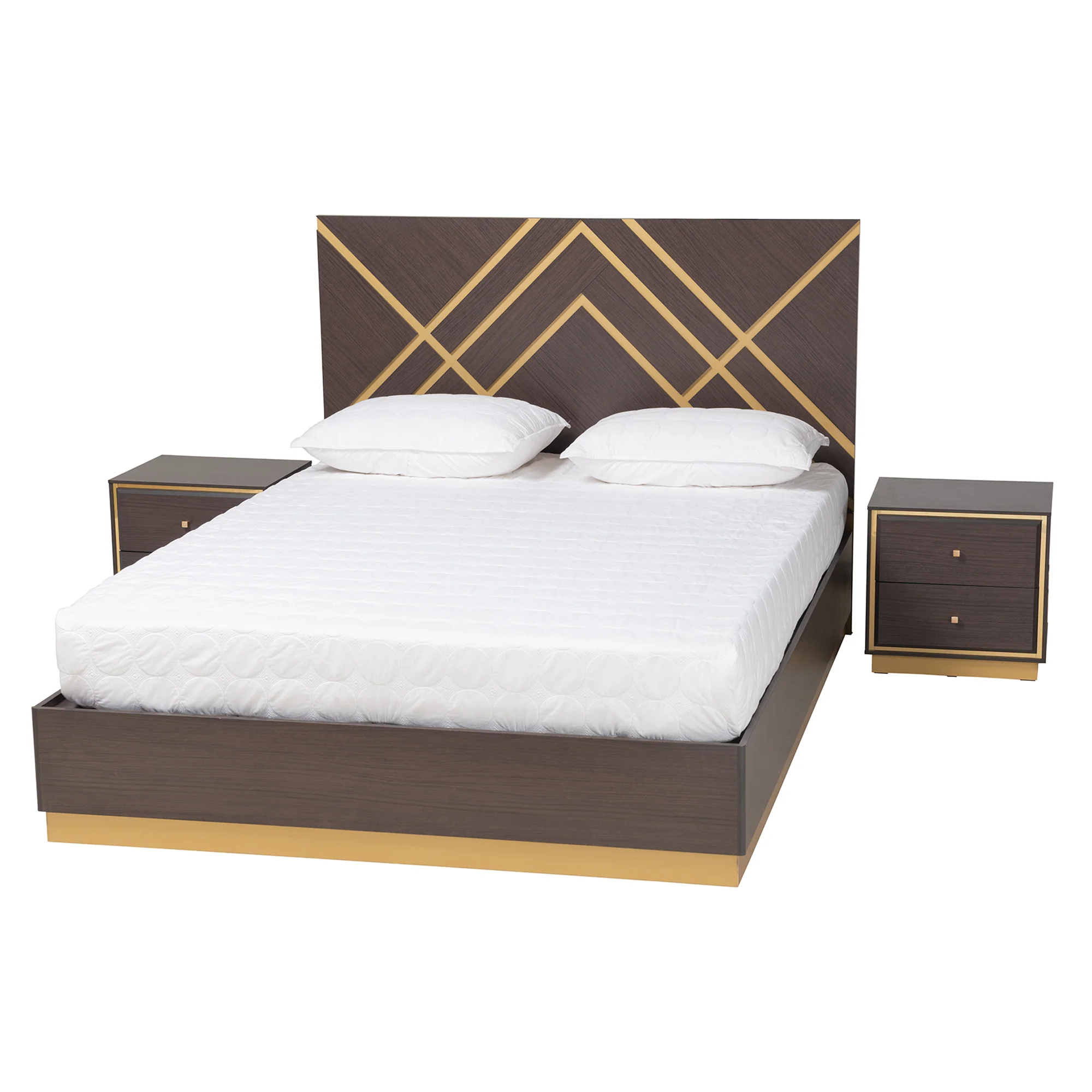 Baxton Studio Arcelia Contemporary Glam and Luxe Two-Tone Dark Brown and Gold Finished Wood Queen Size 3-Piece Bedroom Set - Image 2