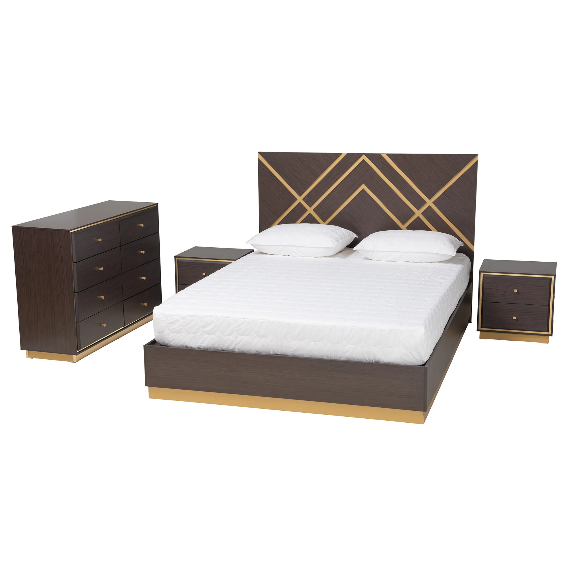 Baxton Studio Arcelia Contemporary Glam and Luxe Two-Tone Dark Brown and Gold Finished Wood Queen Size 4-Piece Bedroom Set - Image 2