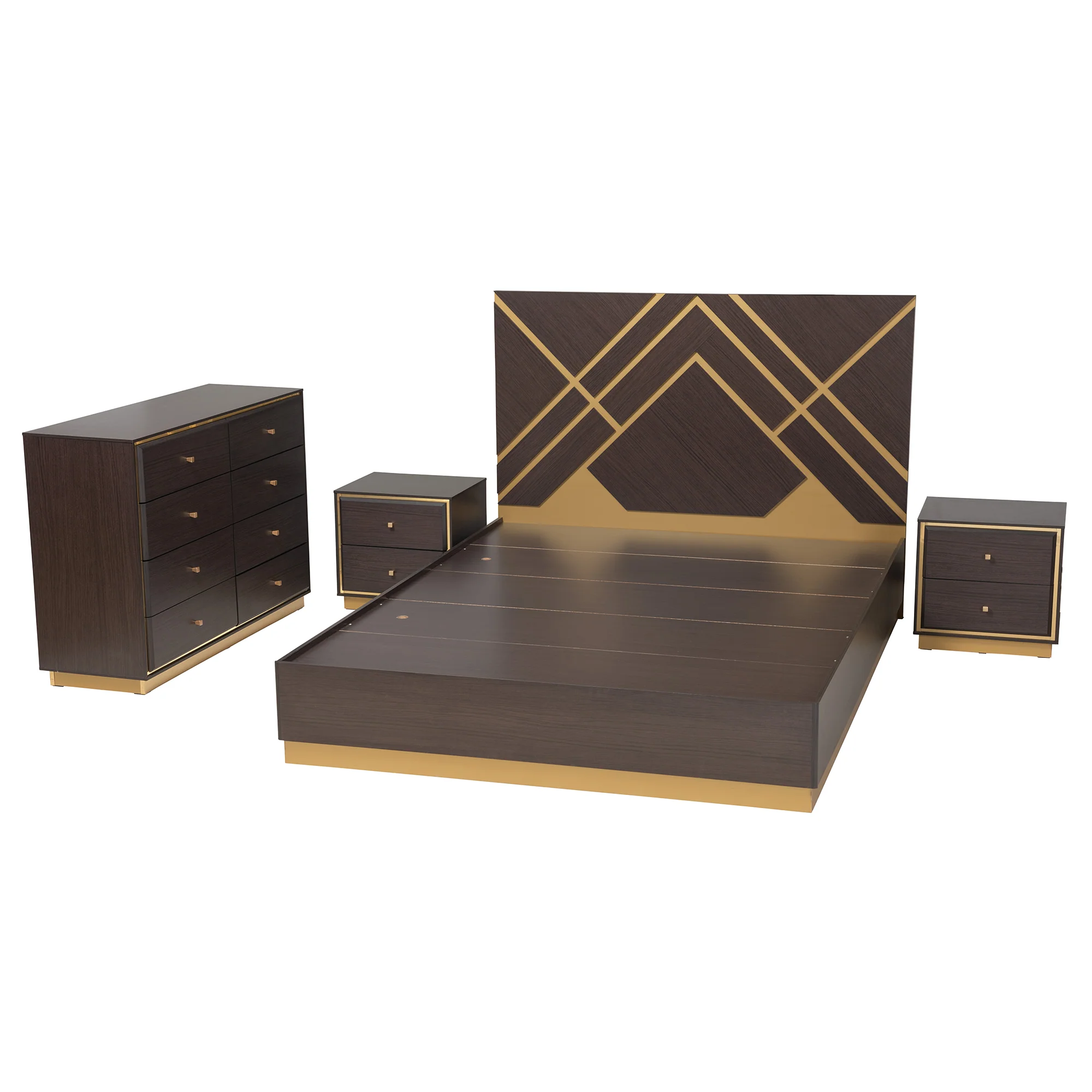 Baxton Studio Arcelia Contemporary Glam and Luxe Two-Tone Dark Brown and Gold Finished Wood Queen Size 4-Piece Bedroom Set - Image 3