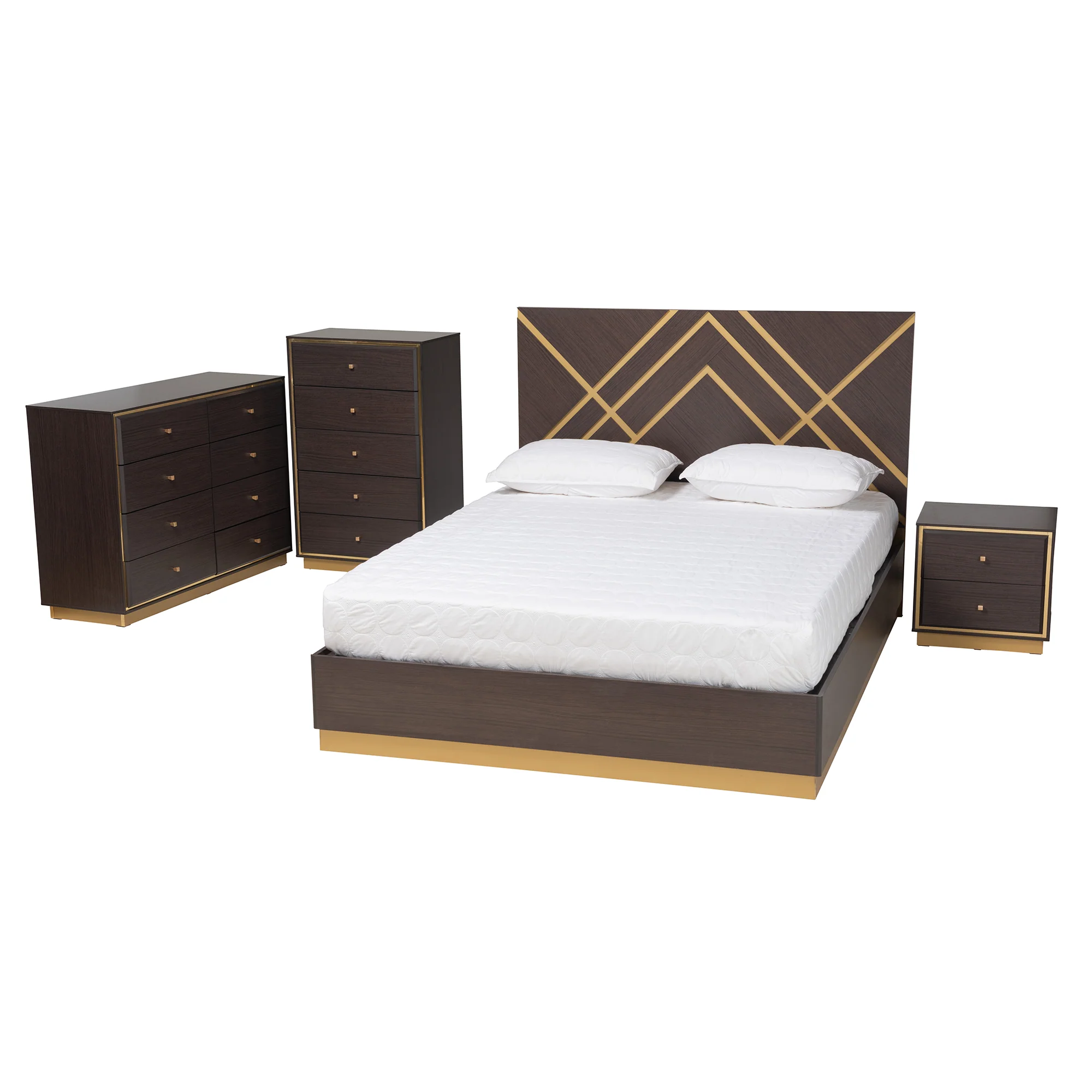Baxton Studio Arcelia Contemporary Glam and Luxe Two-Tone Dark Brown and Gold Finished Wood Queen Size 4-Piece Bedroom Set with Chest - Image 6