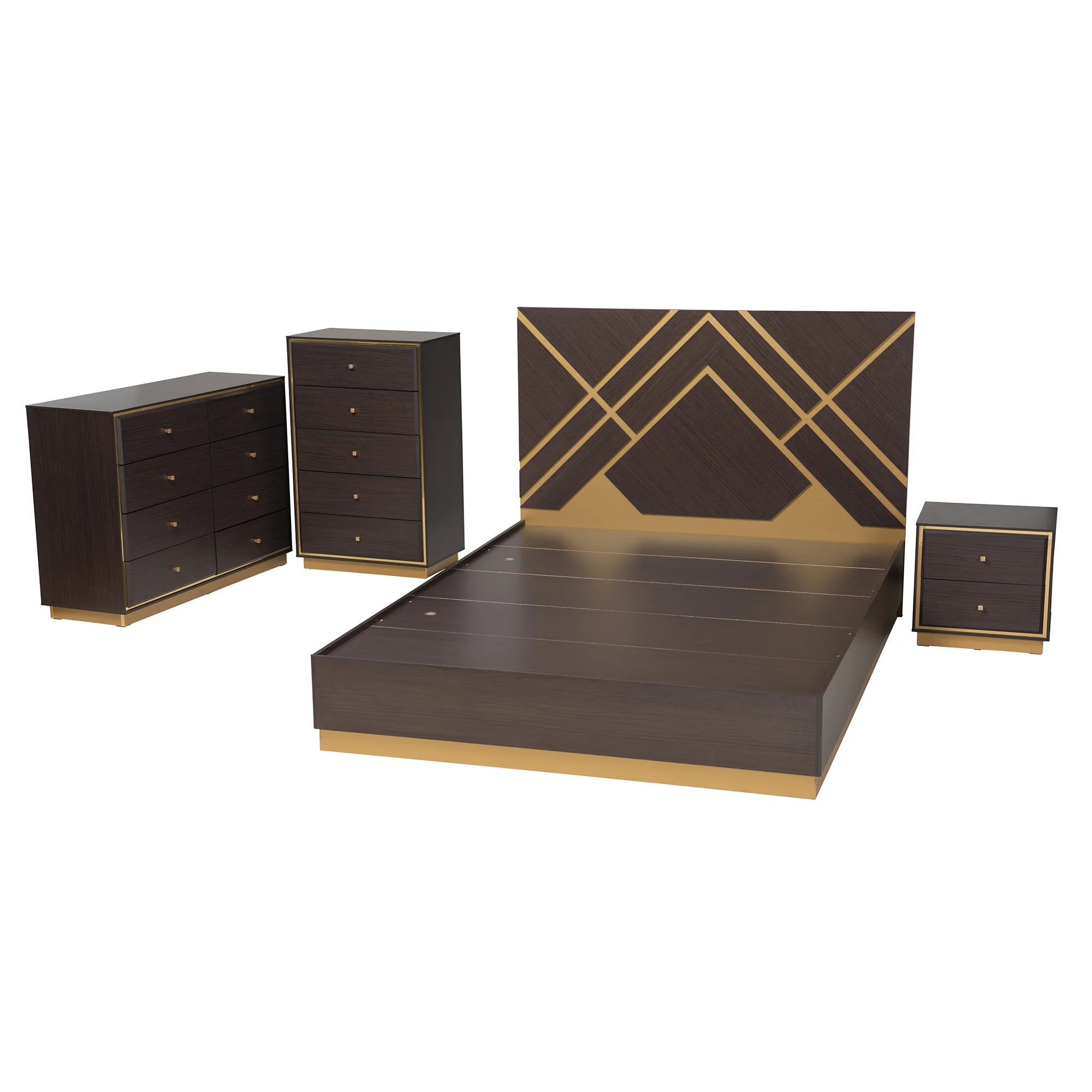 Baxton Studio Arcelia Contemporary Glam and Luxe Two-Tone Dark Brown and Gold Finished Wood Queen Size 4-Piece Bedroom Set with Chest - Image 7