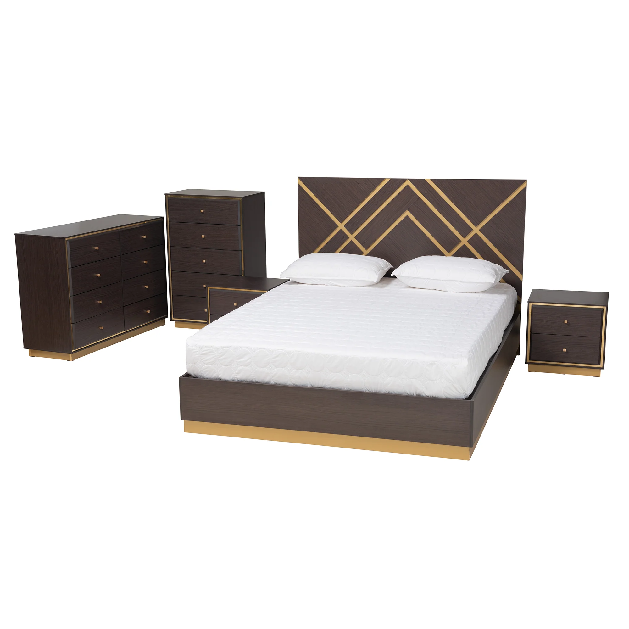 Baxton Studio Arcelia Contemporary Glam and Luxe Two-Tone Dark Brown and Gold Finished Wood Queen Size 5-Piece Bedroom Set - Image 6