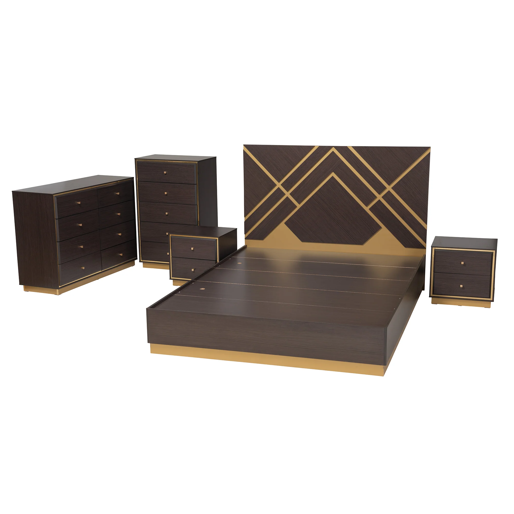 Baxton Studio Arcelia Contemporary Glam and Luxe Two-Tone Dark Brown and Gold Finished Wood Queen Size 5-Piece Bedroom Set - Image 7