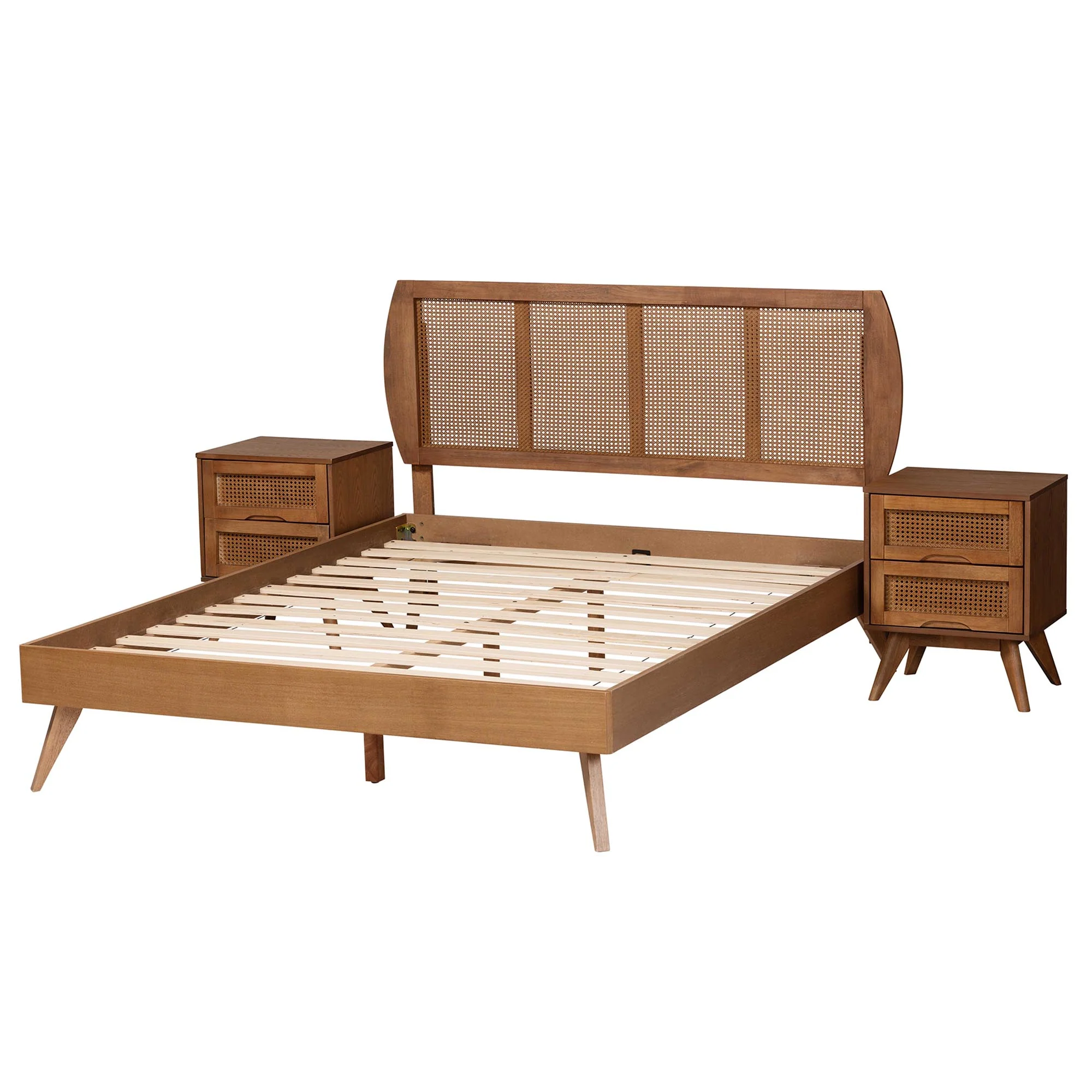 Baxton Studio Asami Mid-Century Modern Walnut Brown Finished Wood and Woven Rattan Queen Size 3-Piece Bedroom Set - Image 6