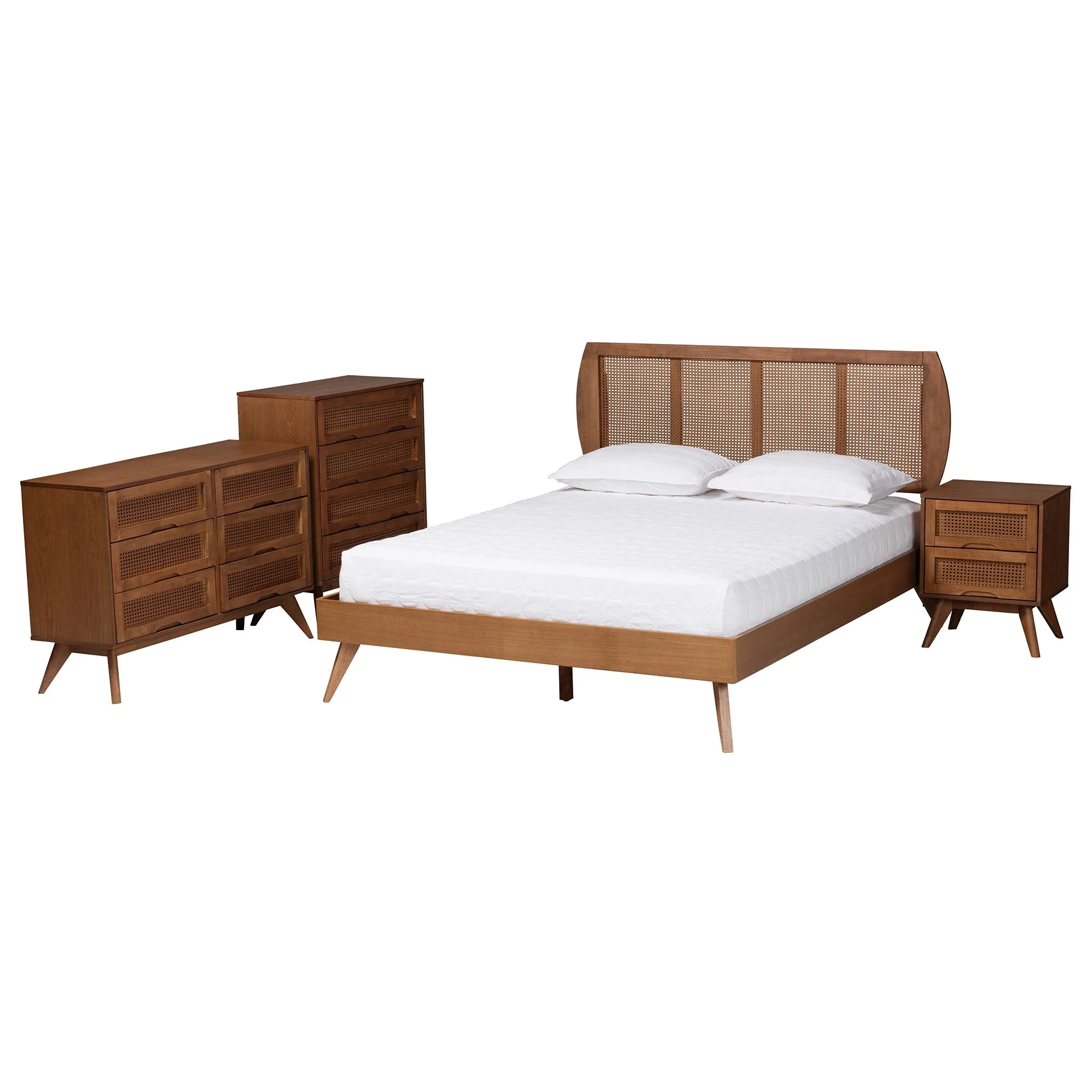 Baxton Studio Asami Mid-Century Modern Walnut Brown Finished Wood and Woven Rattan Queen Size 4-Piece Bedroom Set - Image 6