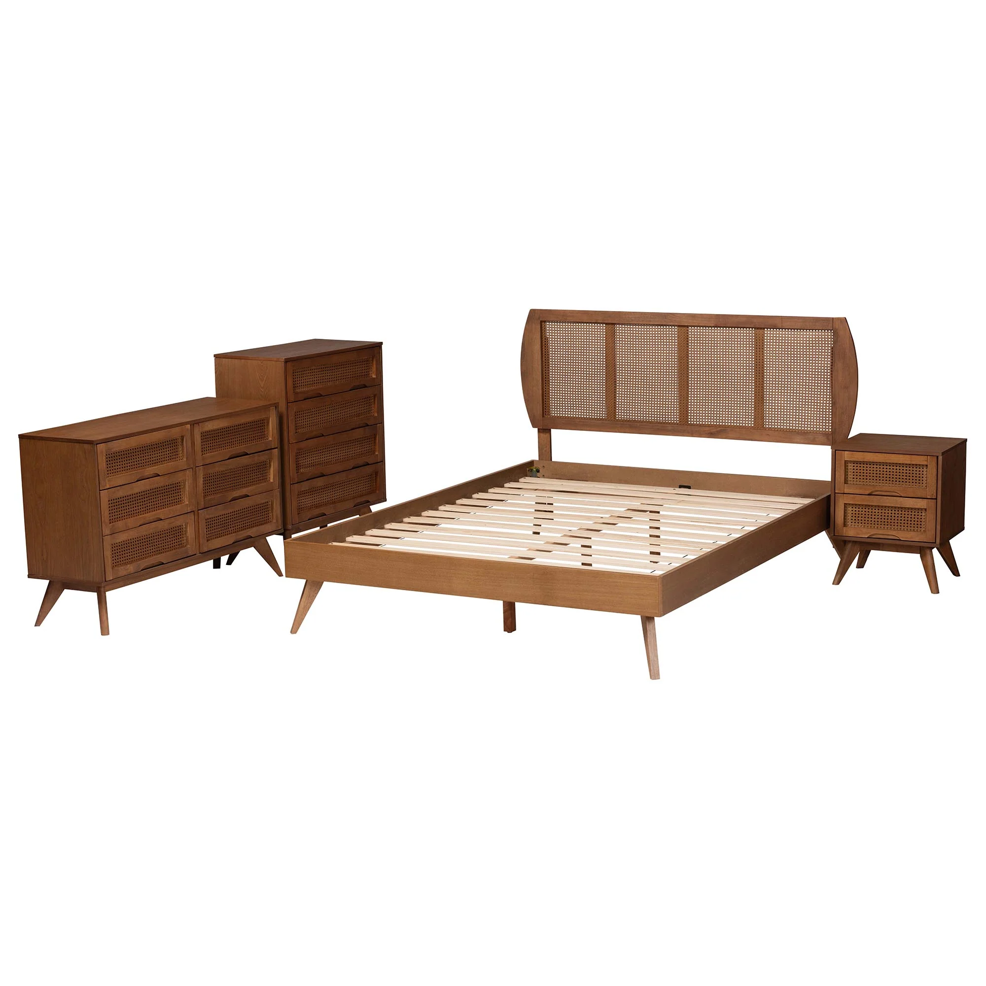 Baxton Studio Asami Mid-Century Modern Walnut Brown Finished Wood and Woven Rattan Queen Size 4-Piece Bedroom Set - Image 7
