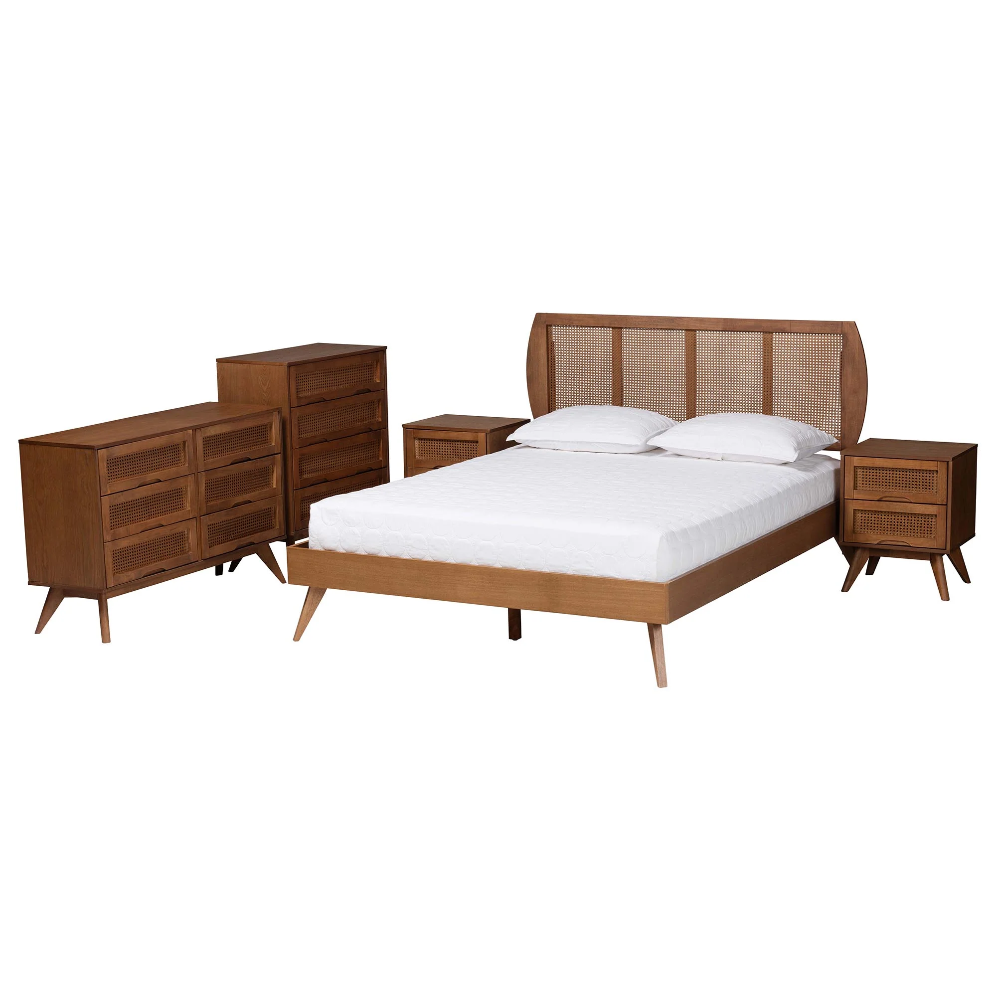Baxton Studio Asami Mid-Century Modern Walnut Brown Finished Wood and Woven Rattan Queen Size 5-Piece Bedroom Set - Image 6
