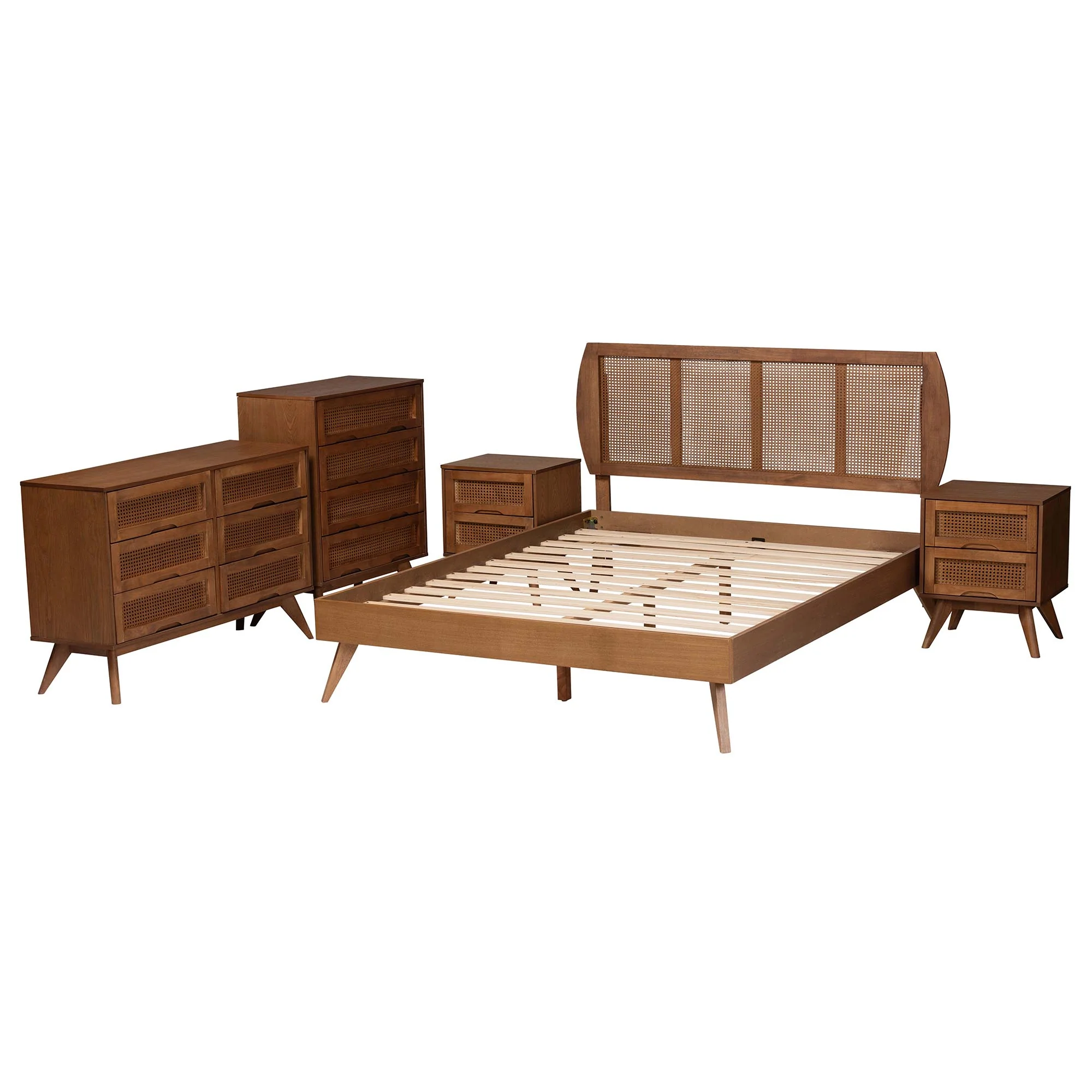Baxton Studio Asami Mid-Century Modern Walnut Brown Finished Wood and Woven Rattan Queen Size 5-Piece Bedroom Set - Image 7