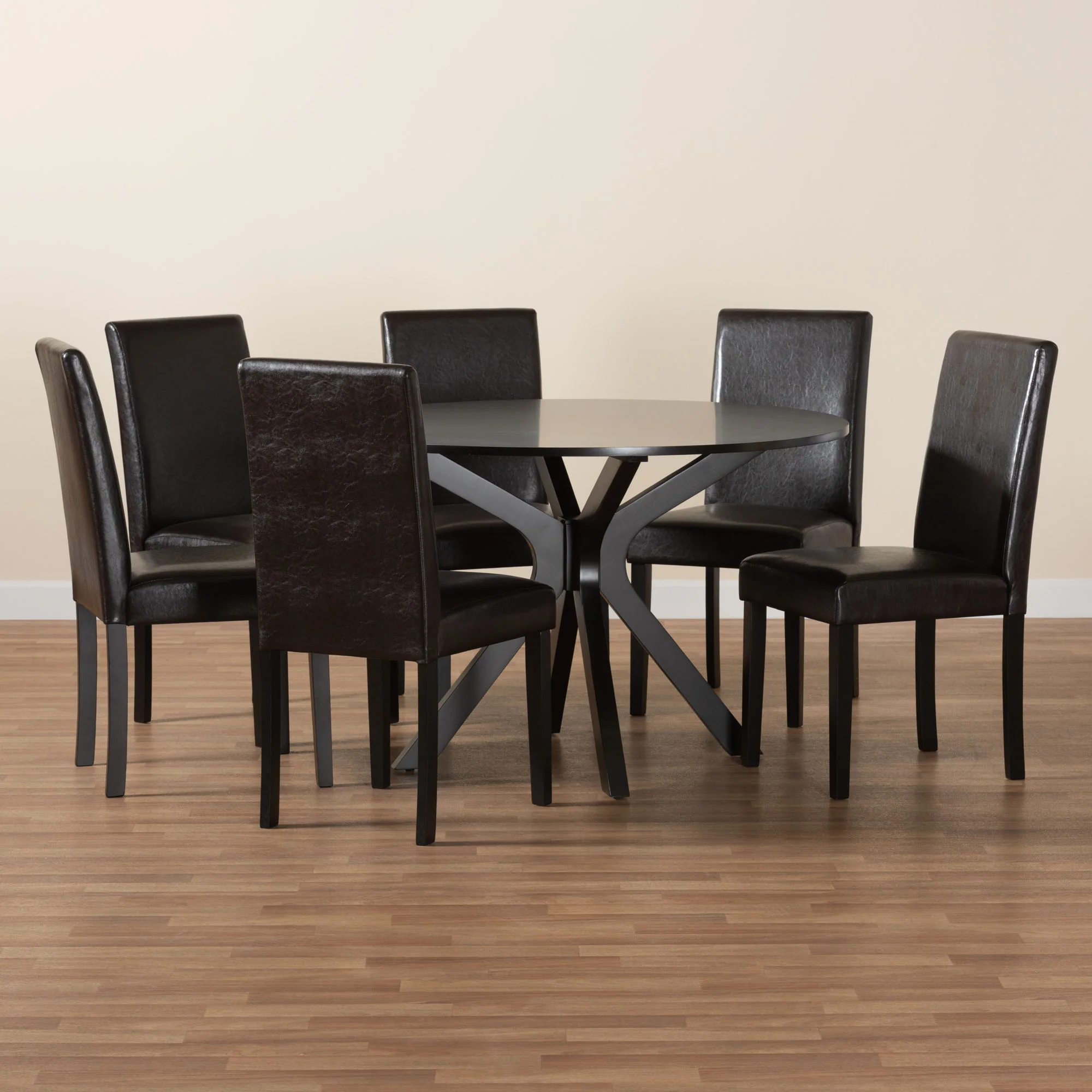 Baxton Studio Asli Modern Espresso Brown Faux Leather and Wood 7-Piece Dining Set - Image 9