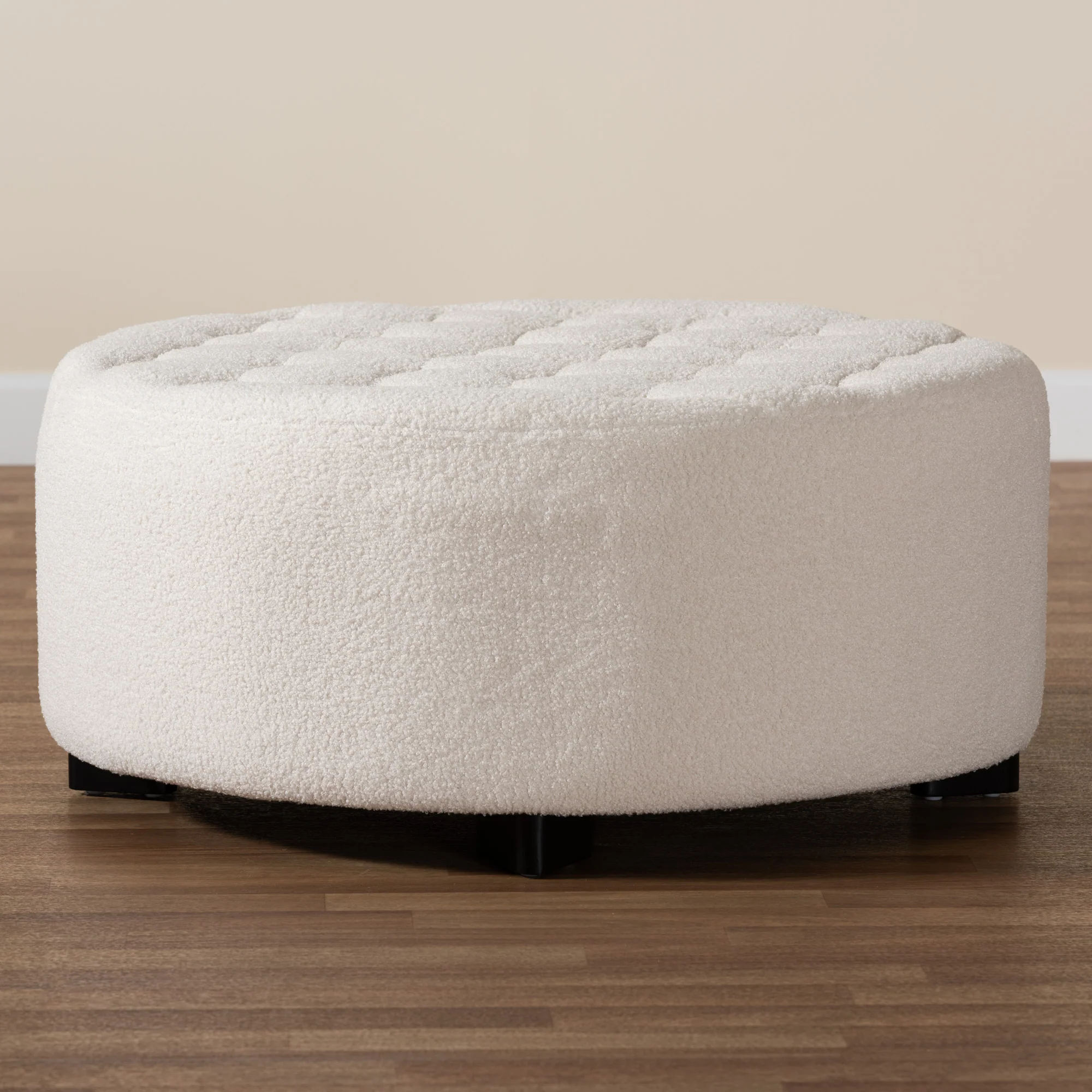 Baxton Studio Athena Modern and Contemporary Ivory Boucle Upholstered and Black Finished Wood Round Ottoman - Image 6