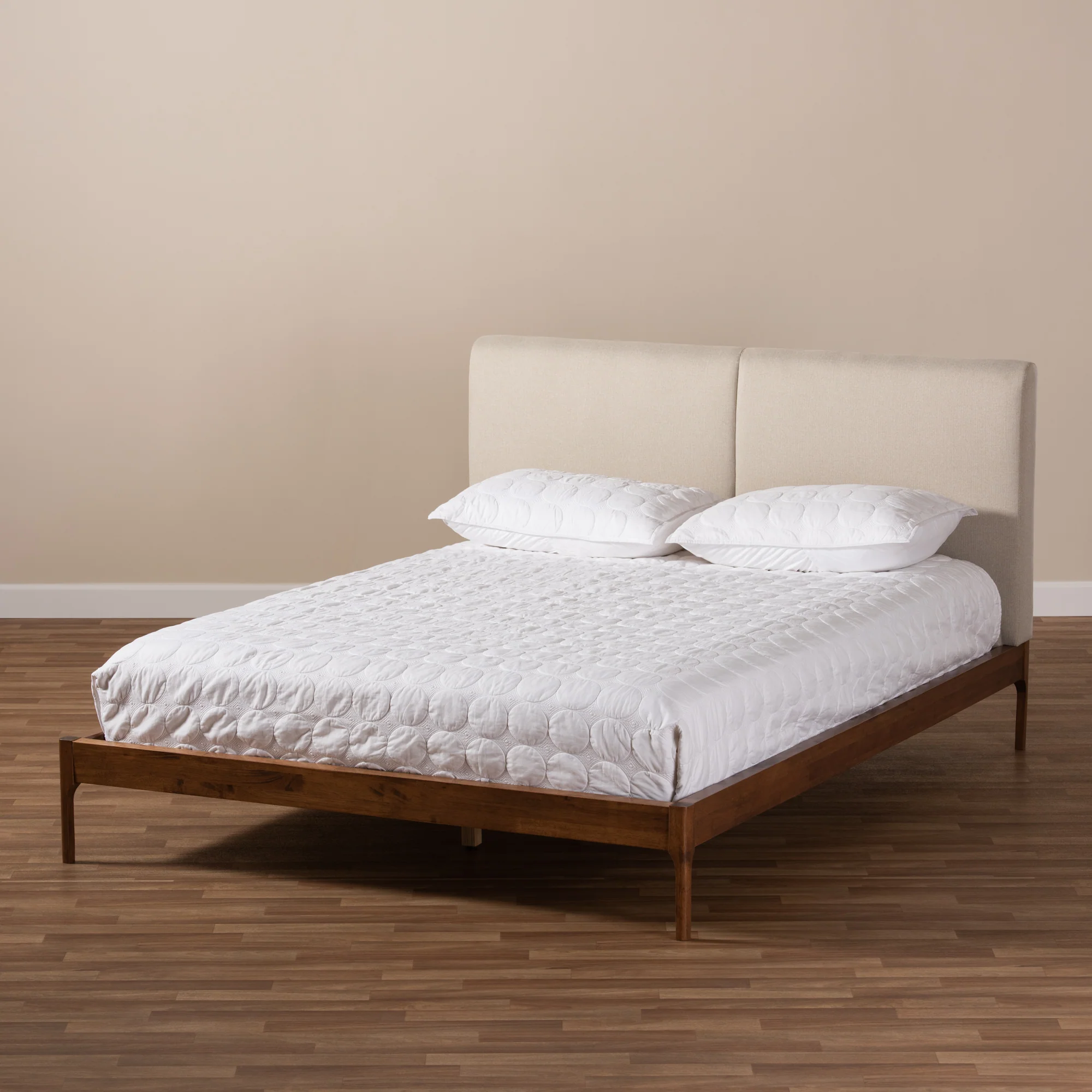 Baxton Studio Aveneil Mid-Century Modern Beige Fabric Upholstered Walnut Finished Full Size Platform Bed - Image 7