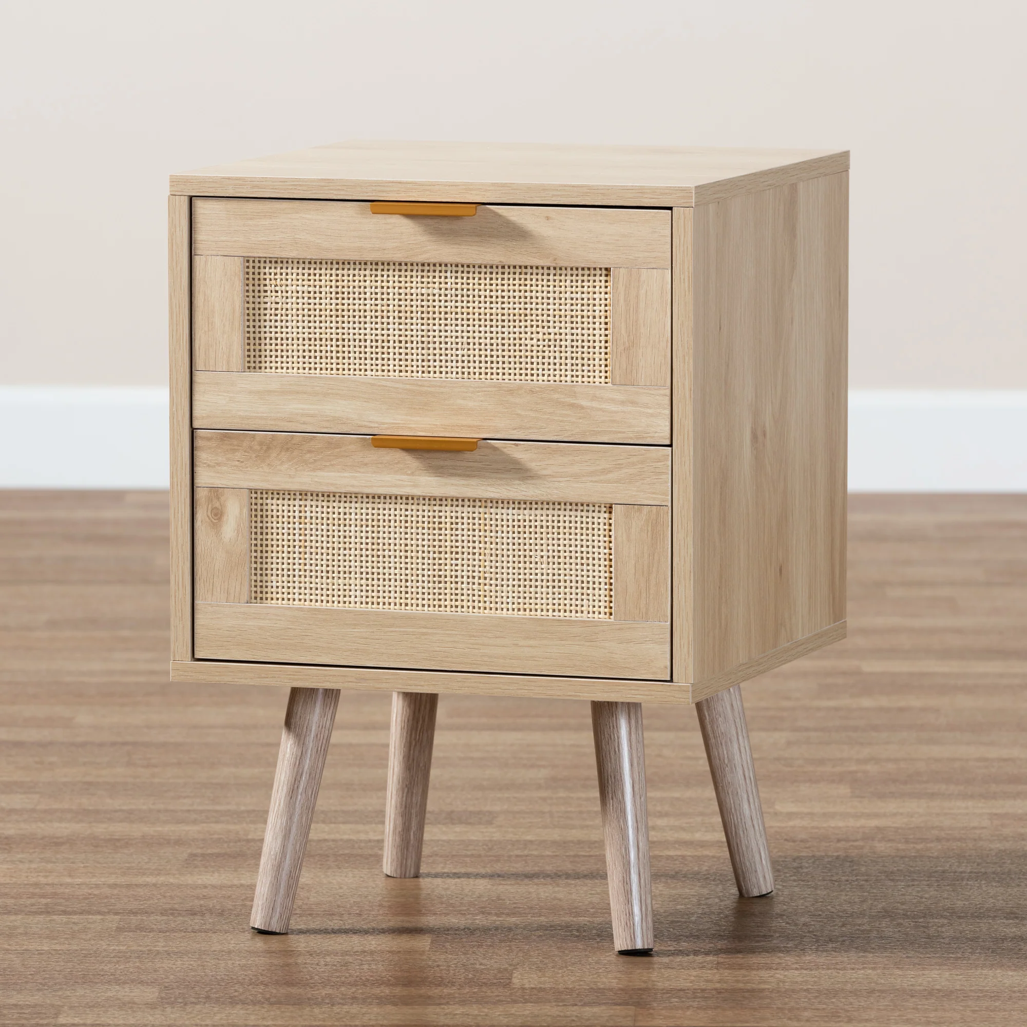 Baxton Studio Baird Mid-Century Modern Light Oak Brown Finished Wood and Rattan 2-Drawer End Table - Image 2
