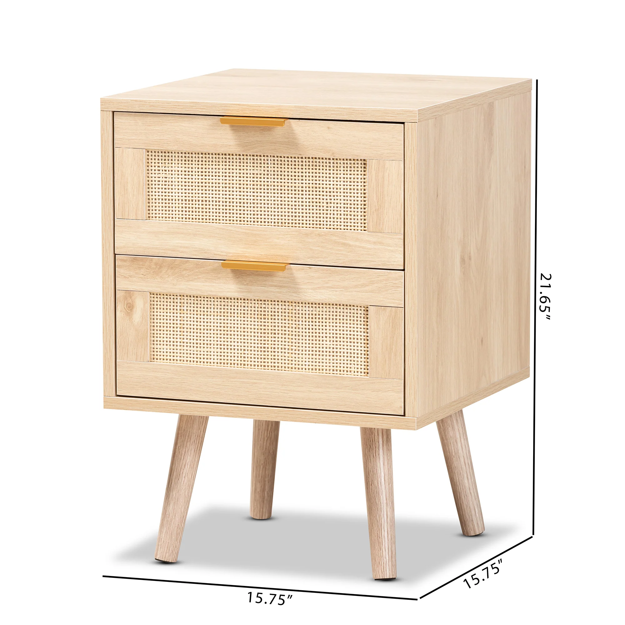Baxton Studio Baird Mid-Century Modern Light Oak Brown Finished Wood and Rattan 2-Drawer End Table - Image 3