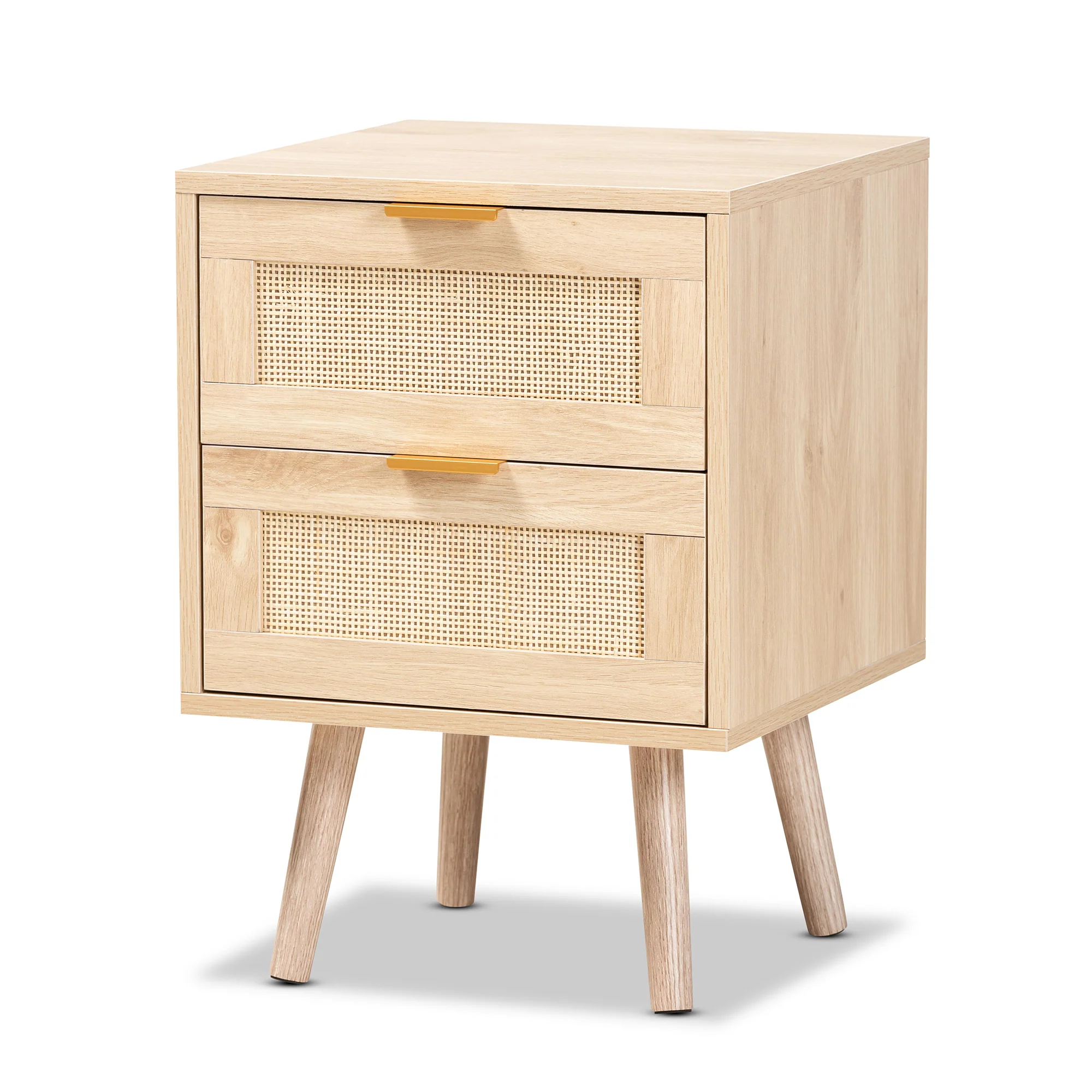 Baxton Studio Baird Mid-Century Modern Light Oak Brown Finished Wood and Rattan 2-Drawer End Table - Image 4