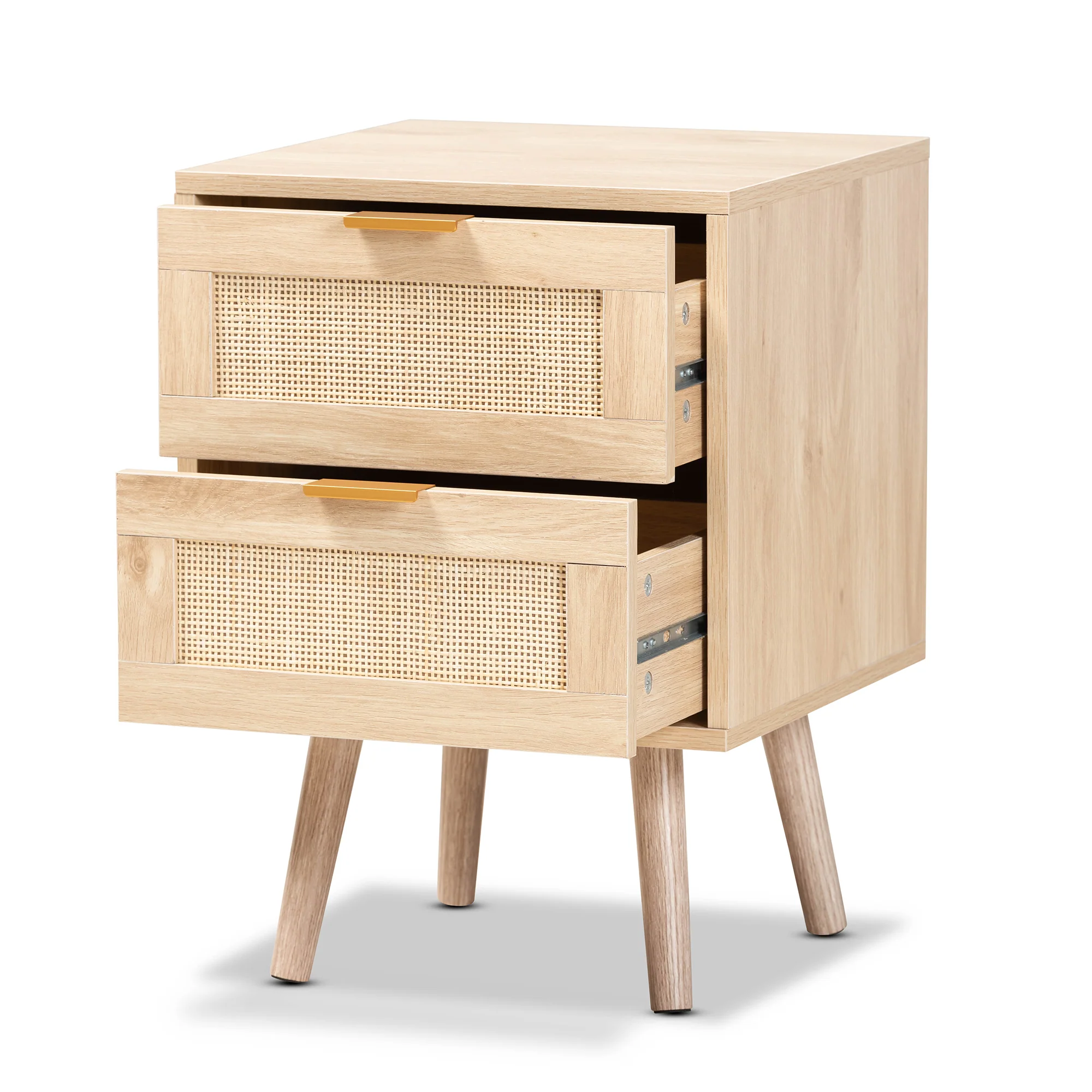 Baxton Studio Baird Mid-Century Modern Light Oak Brown Finished Wood and Rattan 2-Drawer End Table - Image 5