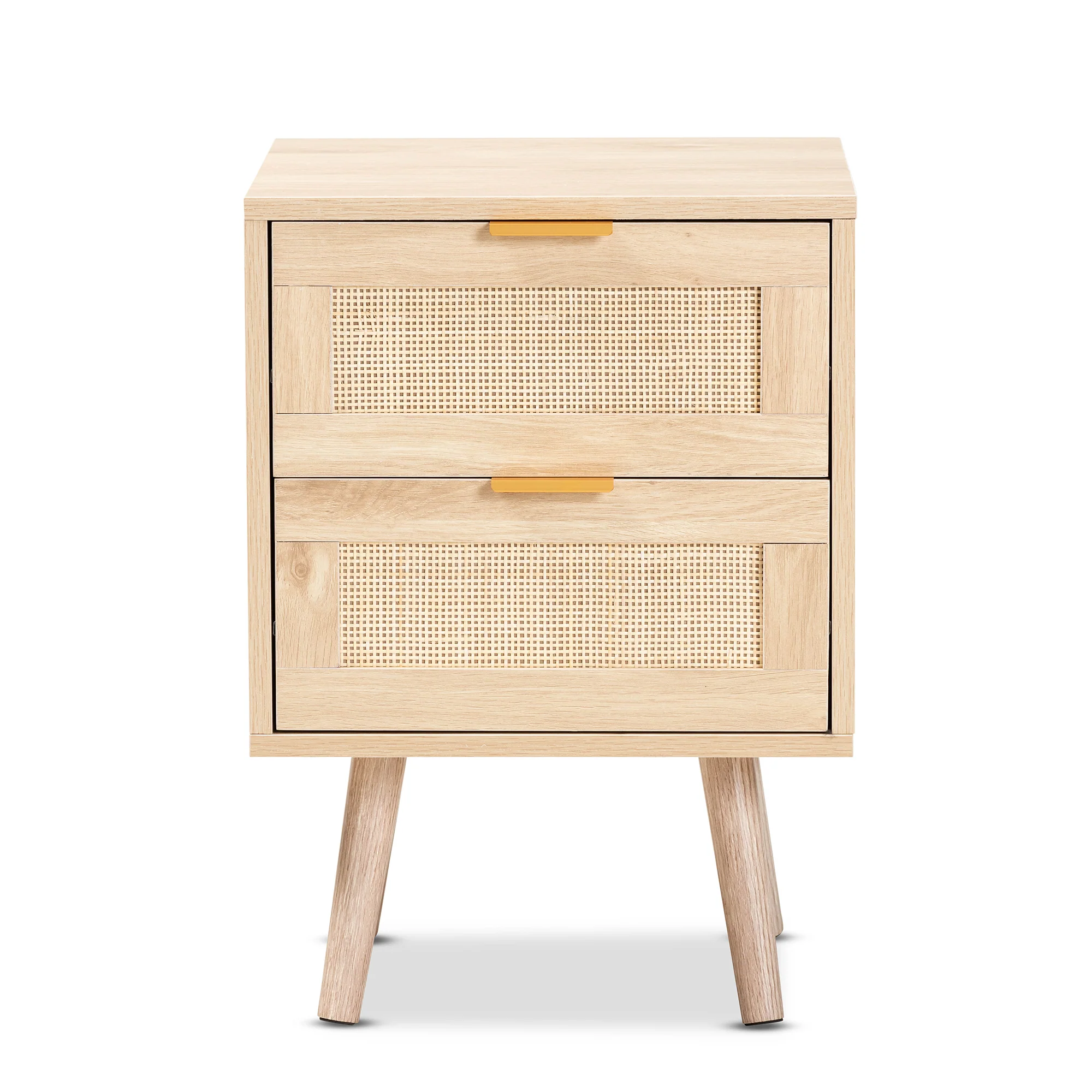 Baxton Studio Baird Mid-Century Modern Light Oak Brown Finished Wood and Rattan 2-Drawer End Table - Image 6