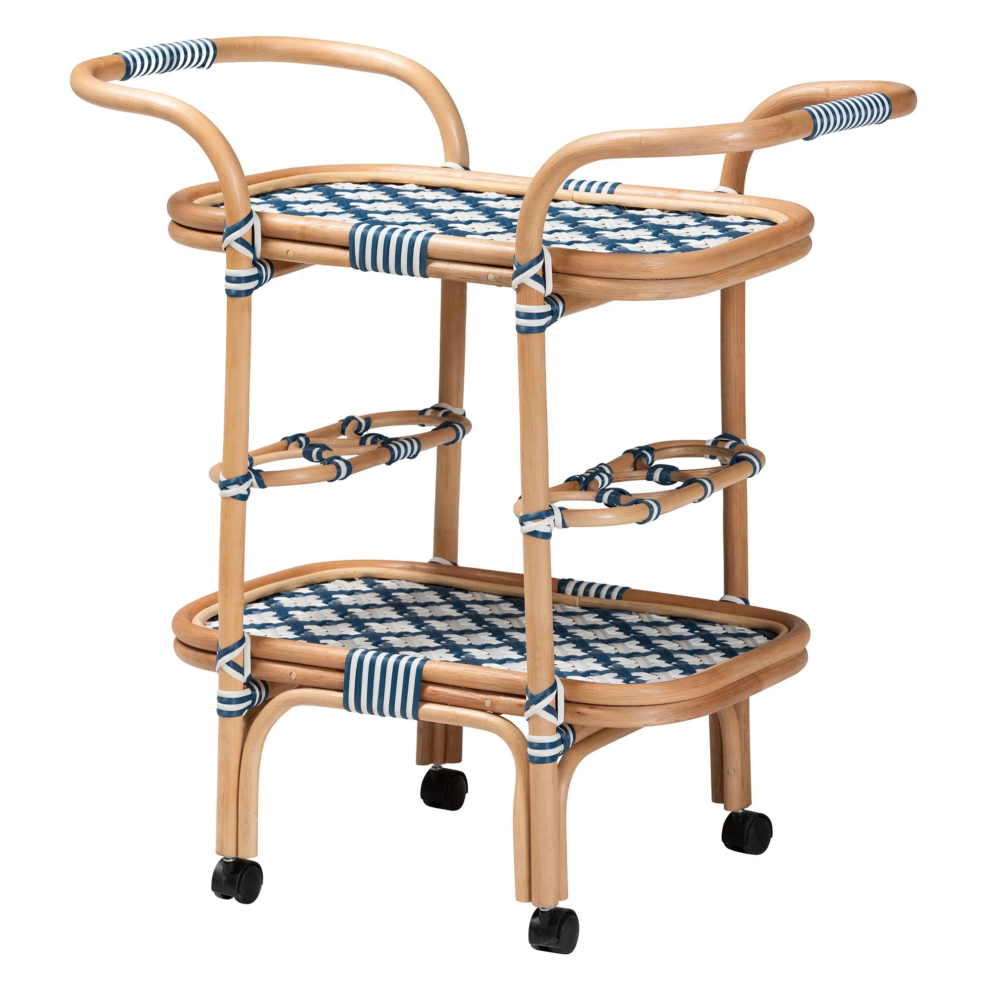 Baxton Studio bali and pari Chasca Modern Bohemian Blue and White Weaving and Natural Rattan Wine Cart - Image 2