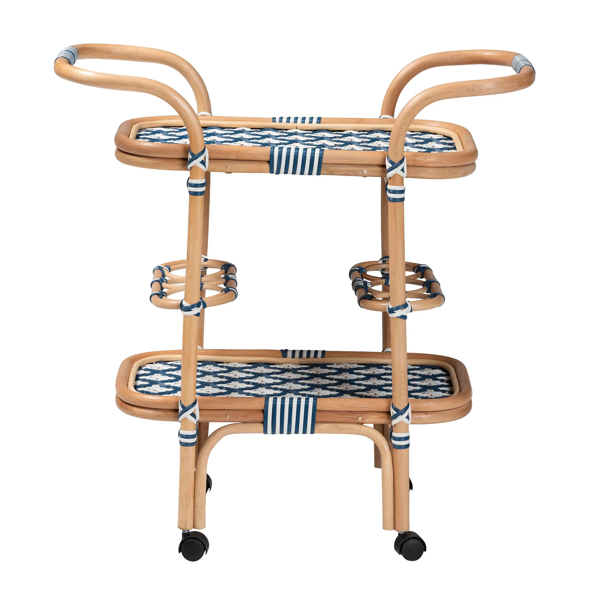 Baxton Studio bali and pari Chasca Modern Bohemian Blue and White Weaving and Natural Rattan Wine Cart - Image 3