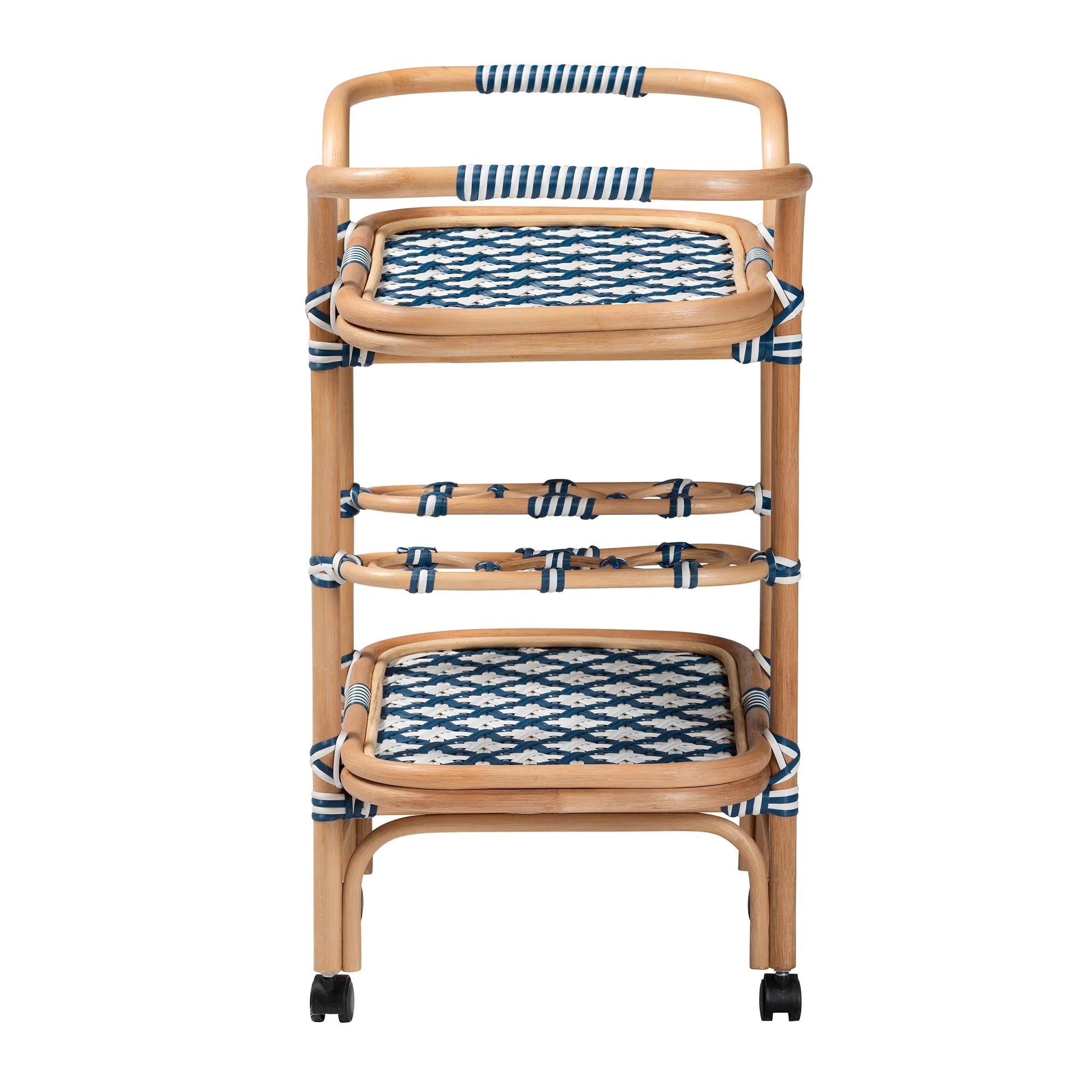 Baxton Studio bali and pari Chasca Modern Bohemian Blue and White Weaving and Natural Rattan Wine Cart - Image 4