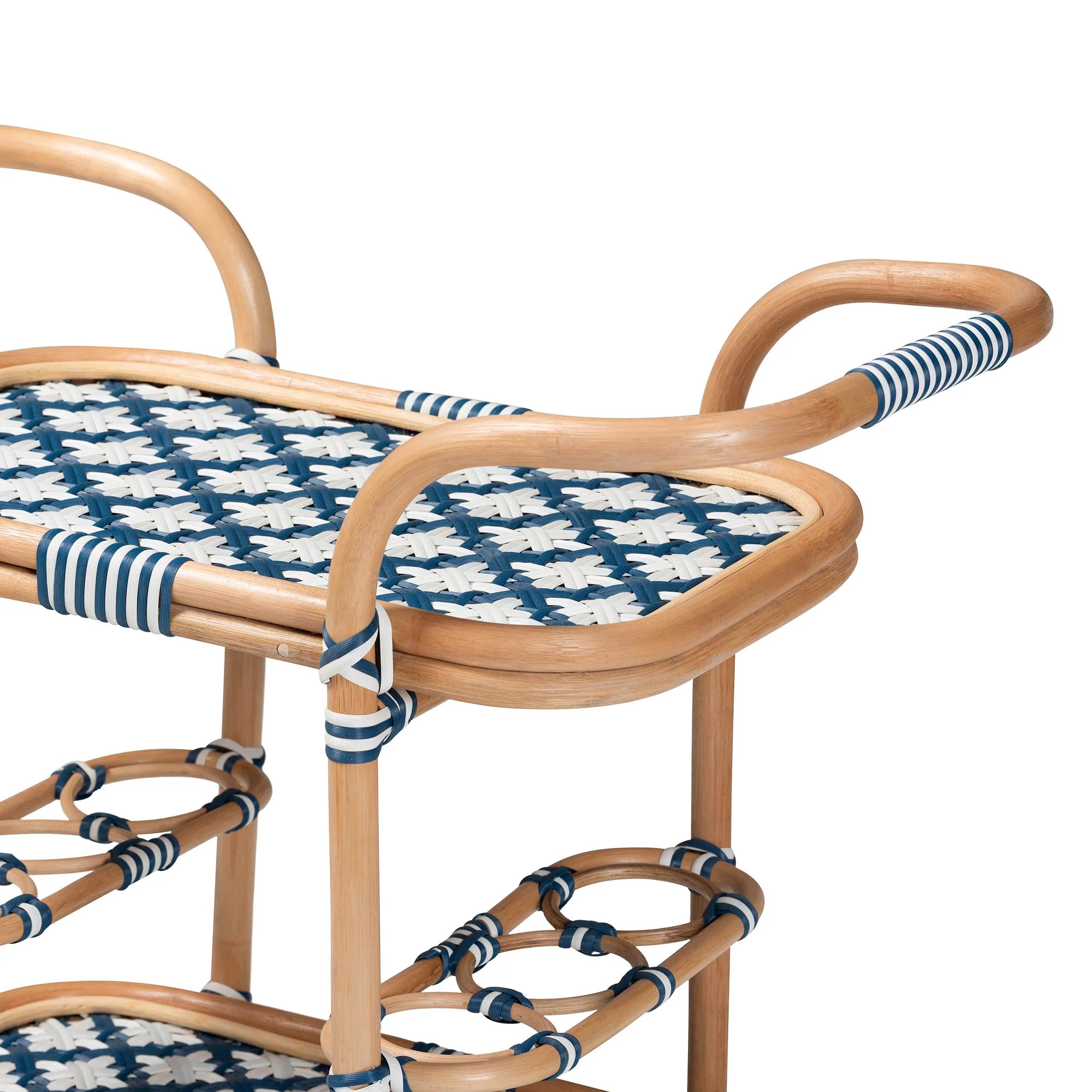 Baxton Studio bali and pari Chasca Modern Bohemian Blue and White Weaving and Natural Rattan Wine Cart - Image 5