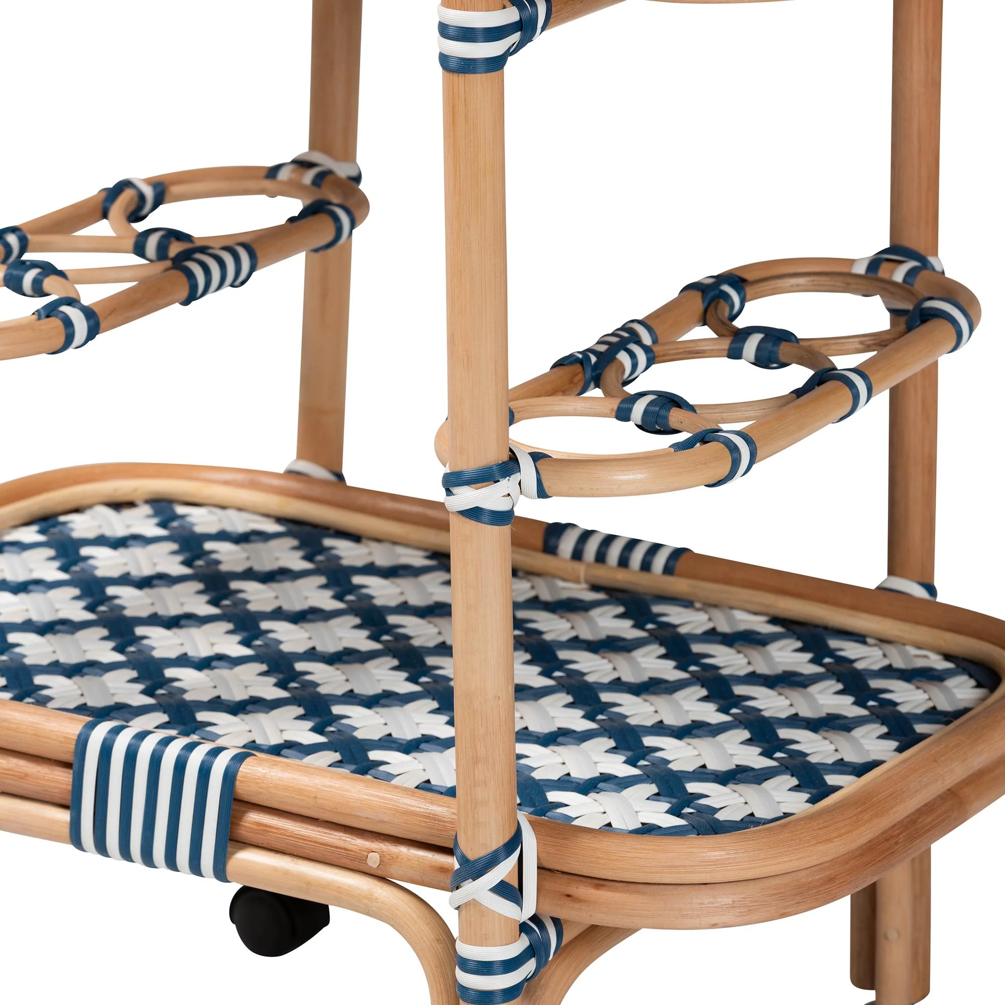 Baxton Studio bali and pari Chasca Modern Bohemian Blue and White Weaving and Natural Rattan Wine Cart - Image 6
