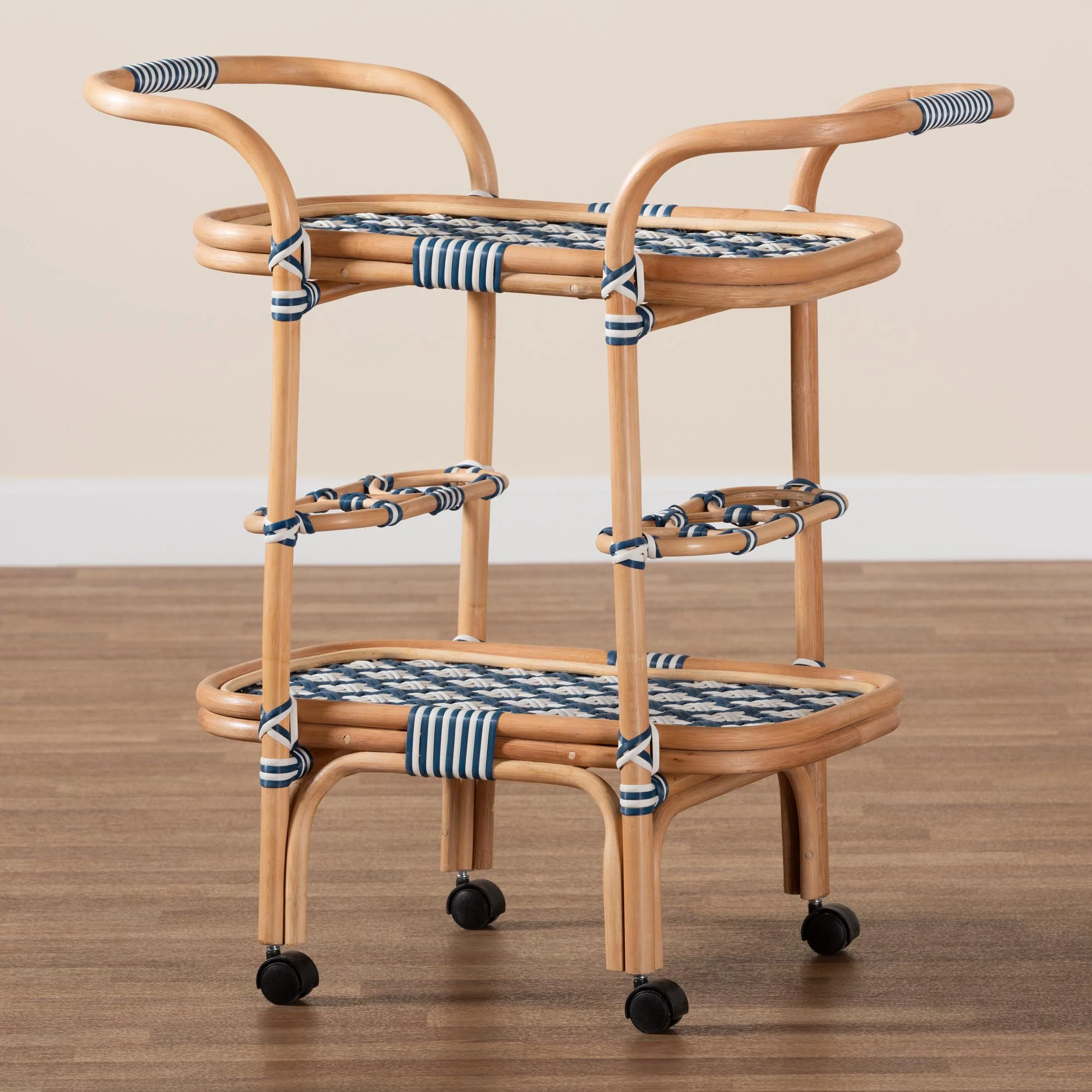 Baxton Studio bali and pari Chasca Modern Bohemian Blue and White Weaving and Natural Rattan Wine Cart - Image 9