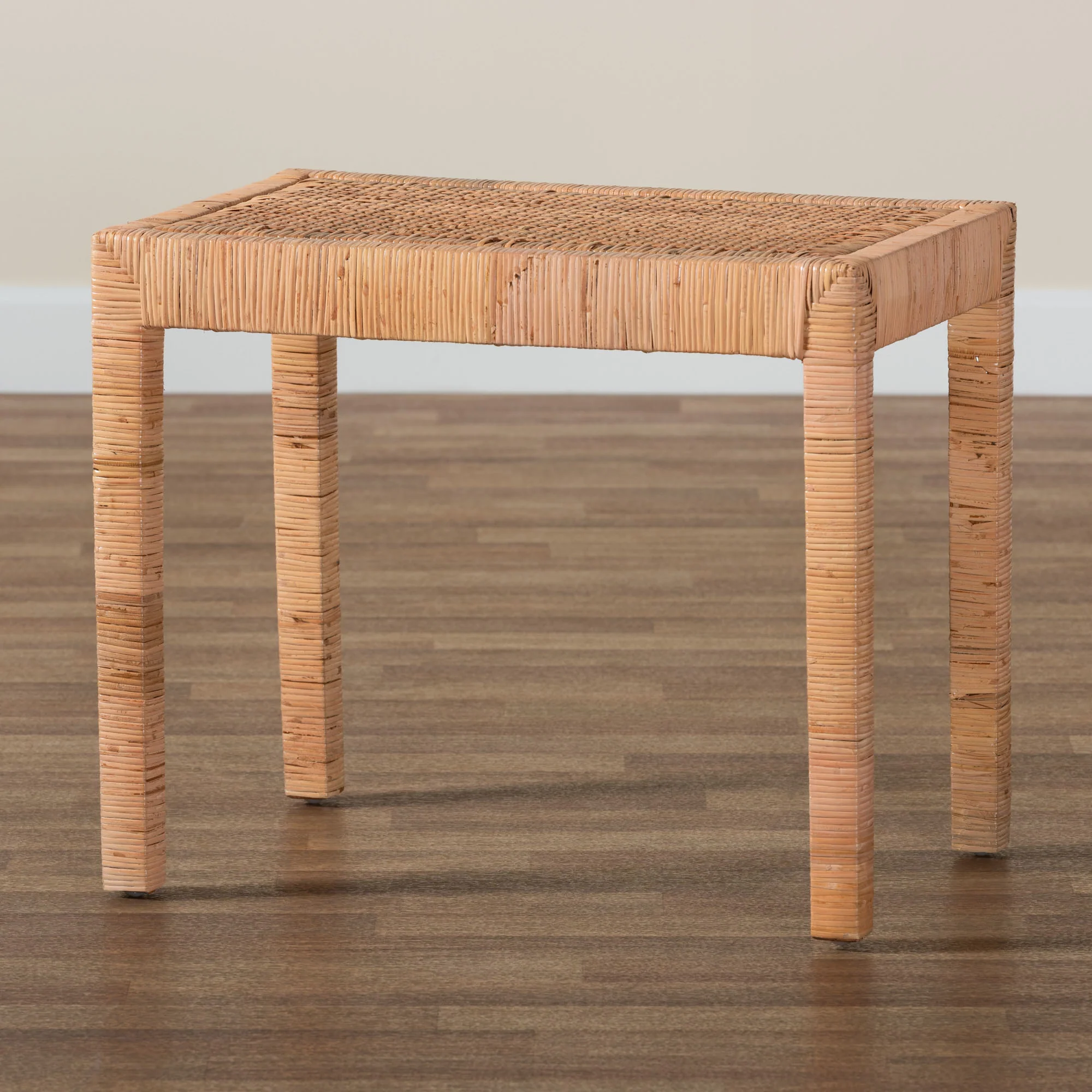 Baxton Studio bali & pari Abelia Modern Bohemian Natural Rattan and Mahogany Wood Short Accent Bench - Image 8