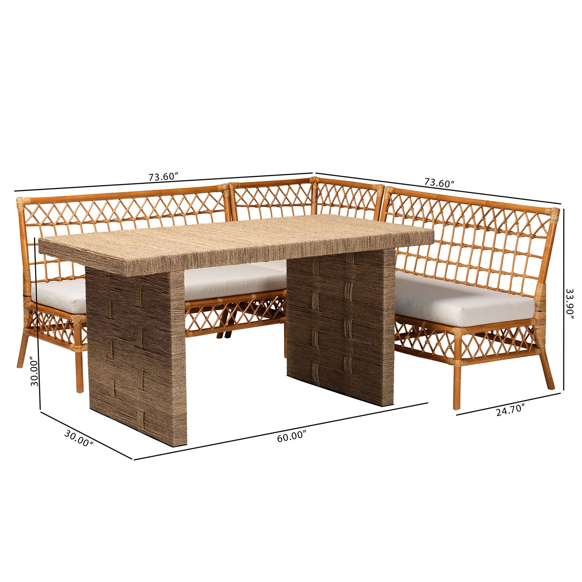Baxton Studio bali & pari Abella Modern Bohemian Honey Rattan 4-Piece Dining Nook Set - Image 4