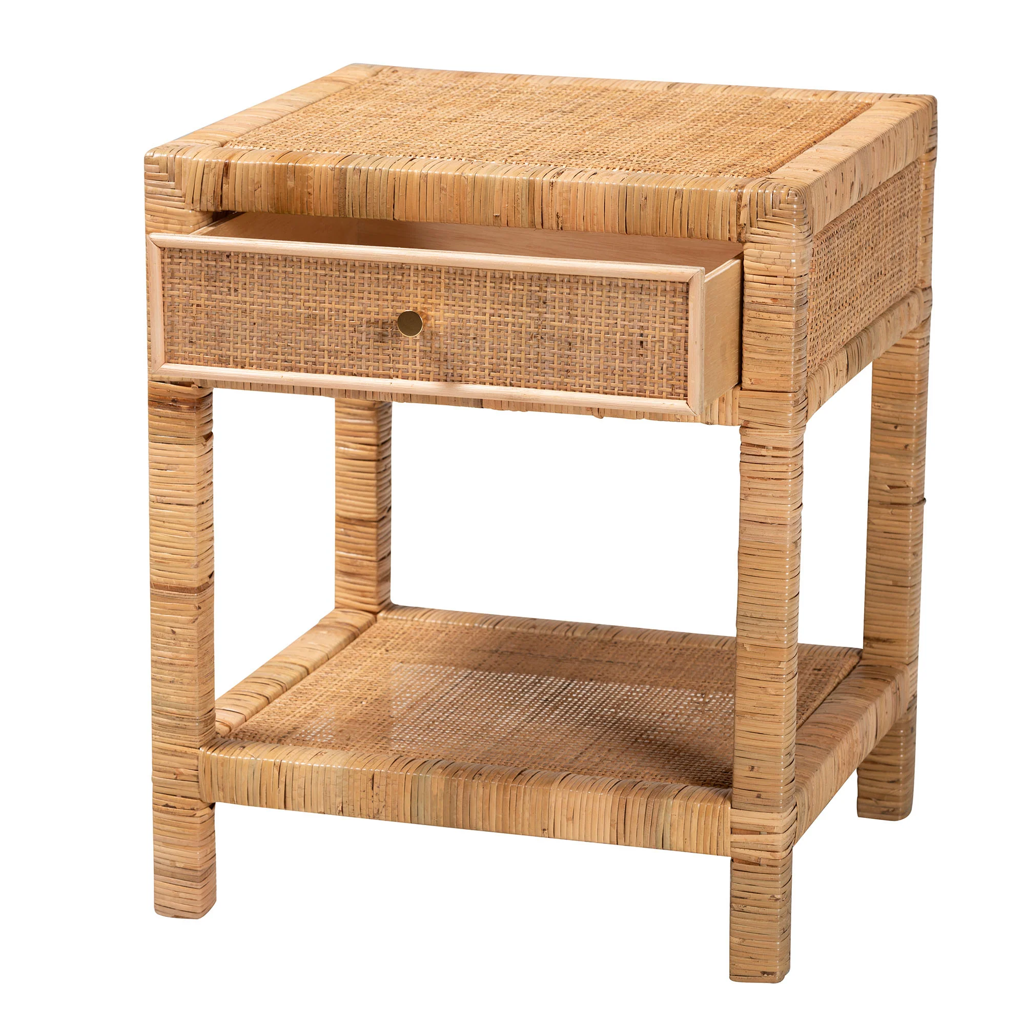 Baxton Studio bali & pari Adelia Modern Bohemian Natural Rattan and Mahogany Wood 1-Drawer Nightstand - Image 3