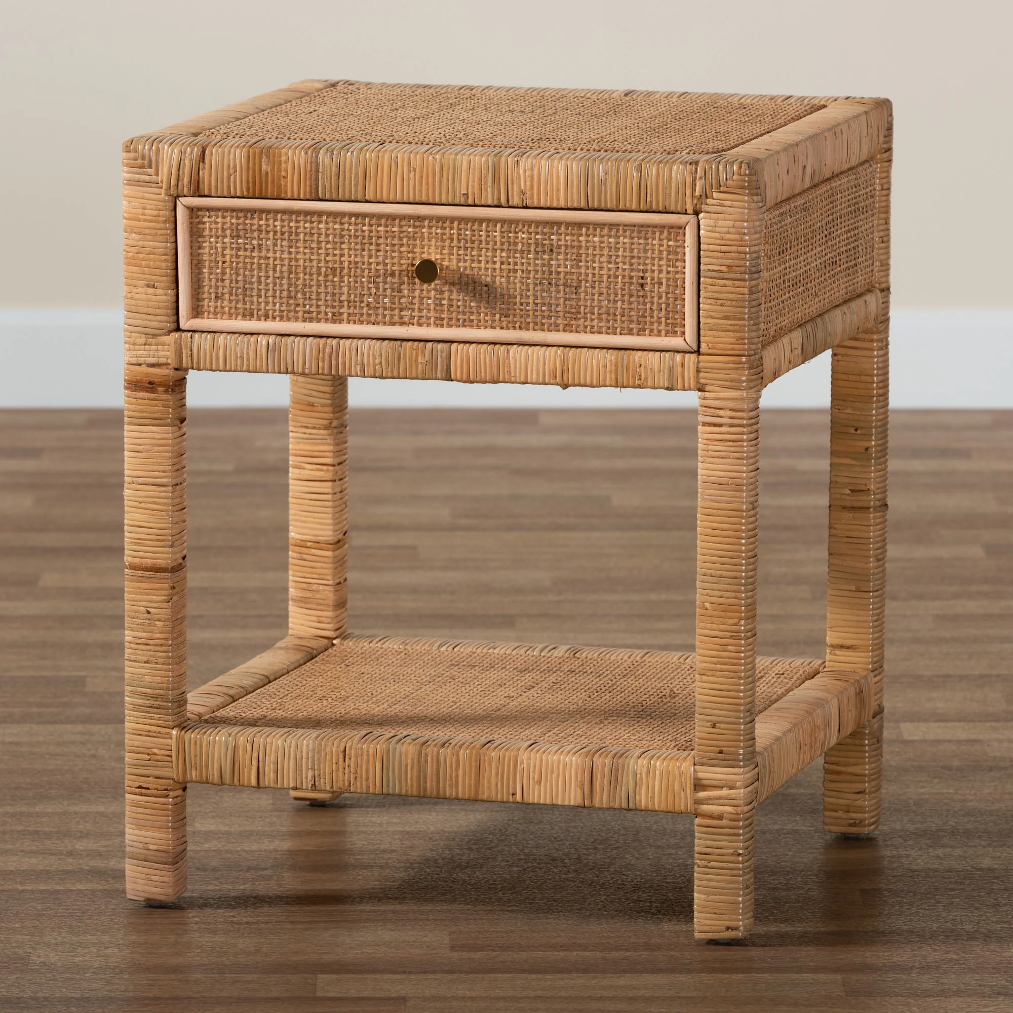 Baxton Studio bali & pari Adelia Modern Bohemian Natural Rattan and Mahogany Wood 1-Drawer Nightstand - Image 9
