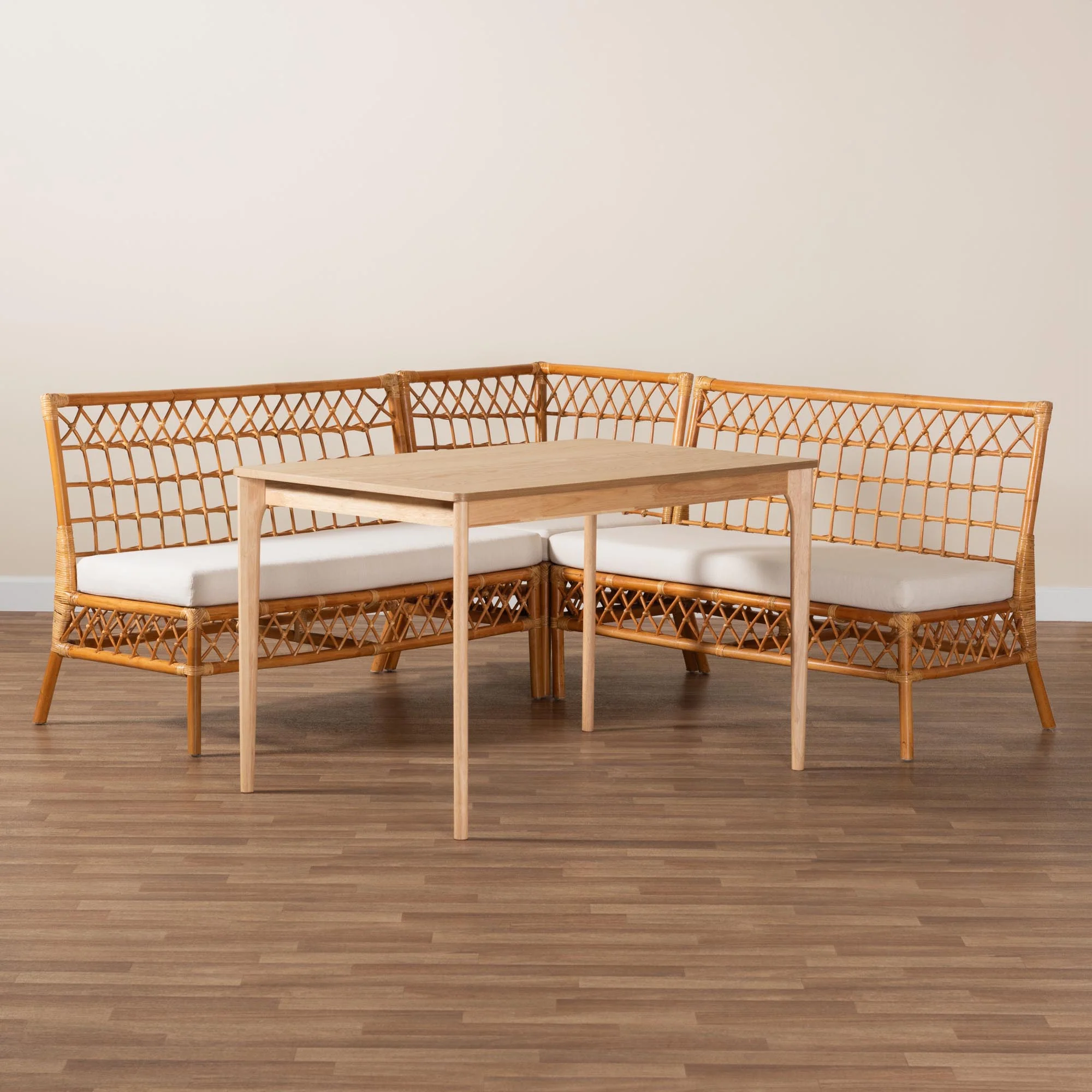 Baxton Studio bali & pari Adora Modern Bohemian Honey Rattan 4-Piece Dining Nook Set - Image 9