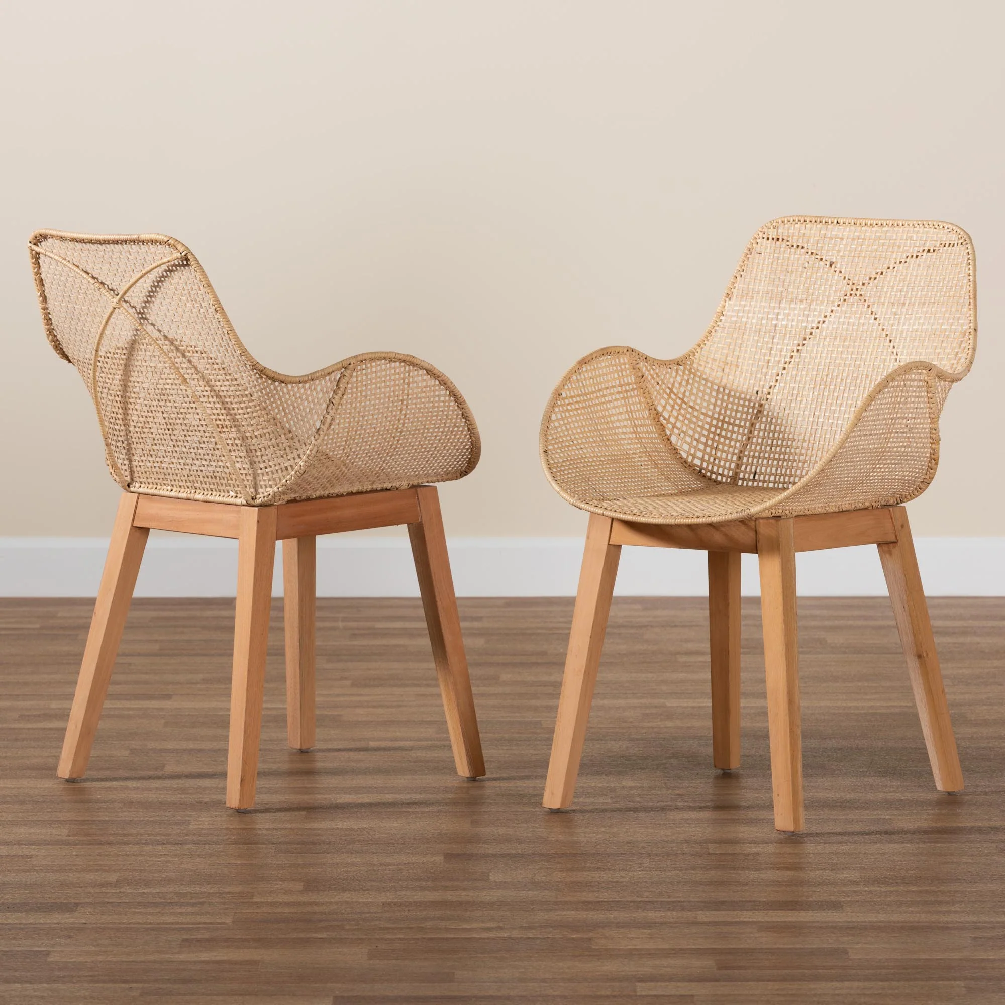 Baxton Studio bali & pari Ballerina Japandi Natural Brown Finished Mahogany Wood and Rattan 2-Piece Dining Chair Set - Image 9