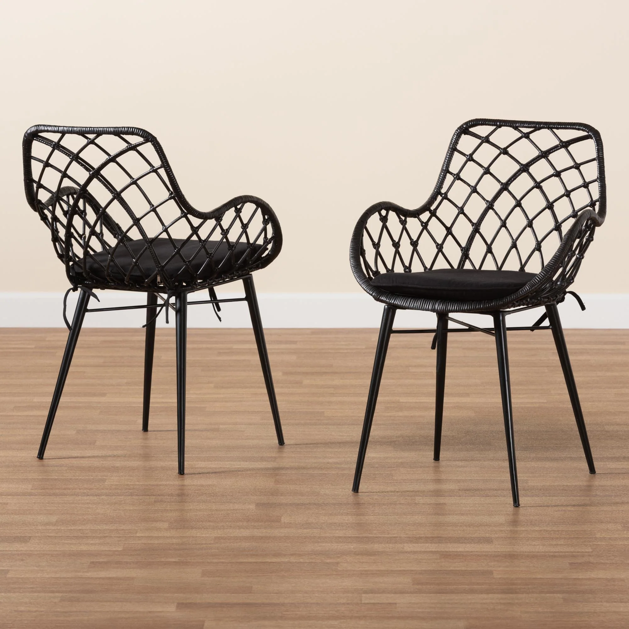 Baxton Studio bali & pari Ballerina Modern Bohemian Black Finished Rattan and Metal 2-Piece Dining Chair Set - Image 9