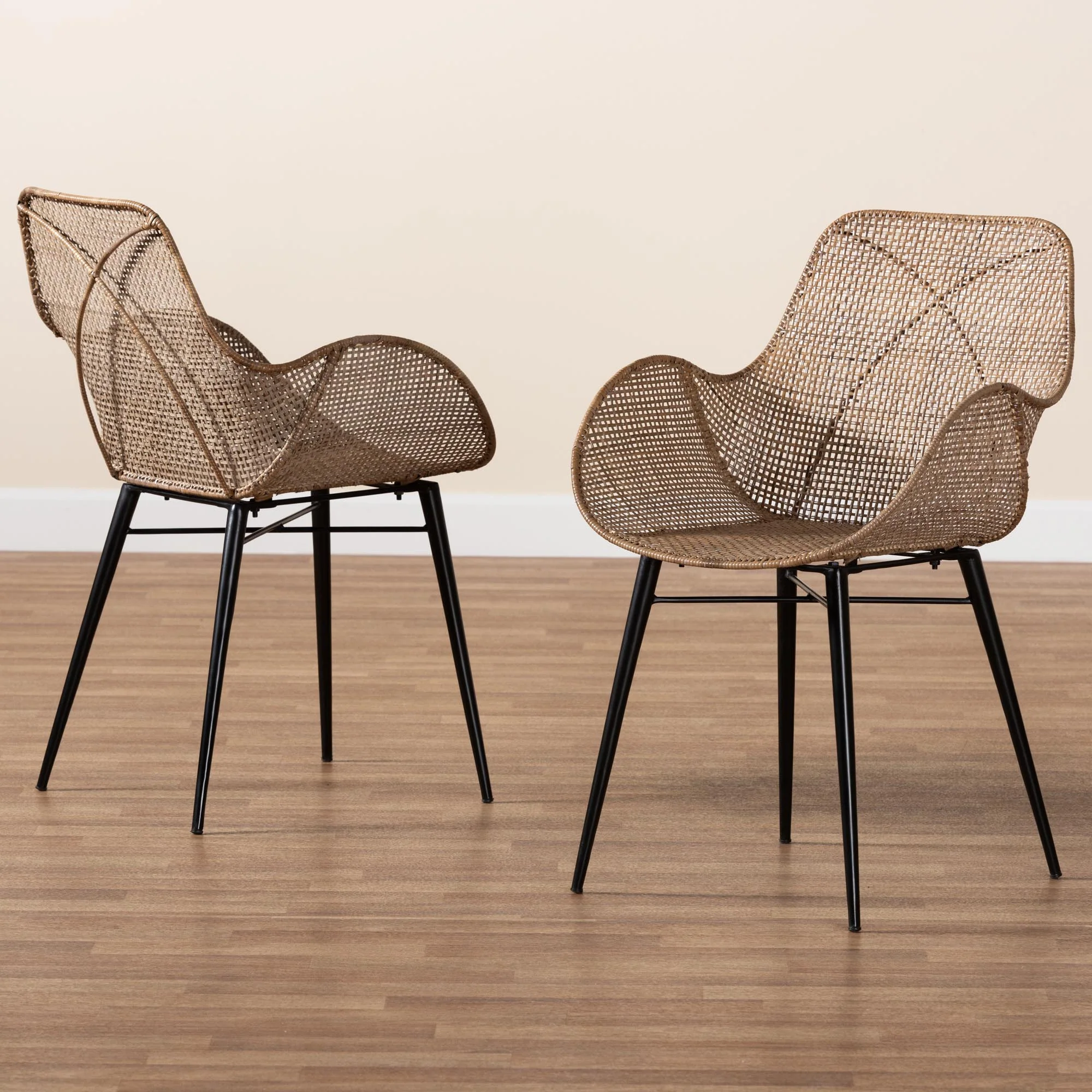 Baxton Studio bali & pari Ballerina Modern Bohemian Greywashed Rattan and Black Metal 2-Piece Dining Chair Set - Image 9