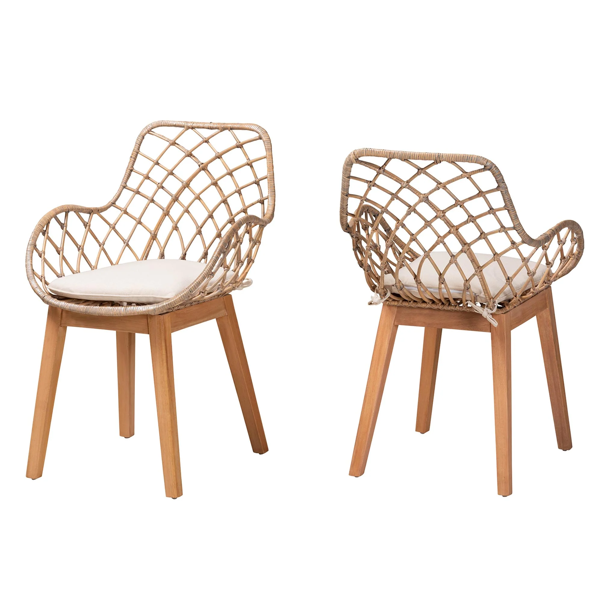 Baxton Studio bali & pari Ballerina Modern Bohemian Greywashed Rattan and Natural Brown Finished Wood 2-Piece Dining Chair Set - Image 2