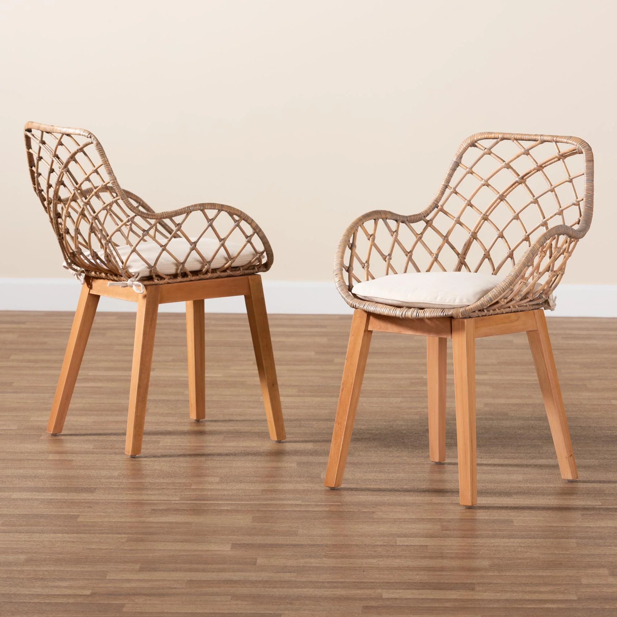 Baxton Studio bali & pari Ballerina Modern Bohemian Greywashed Rattan and Natural Brown Finished Wood 2-Piece Dining Chair Set - Image 9