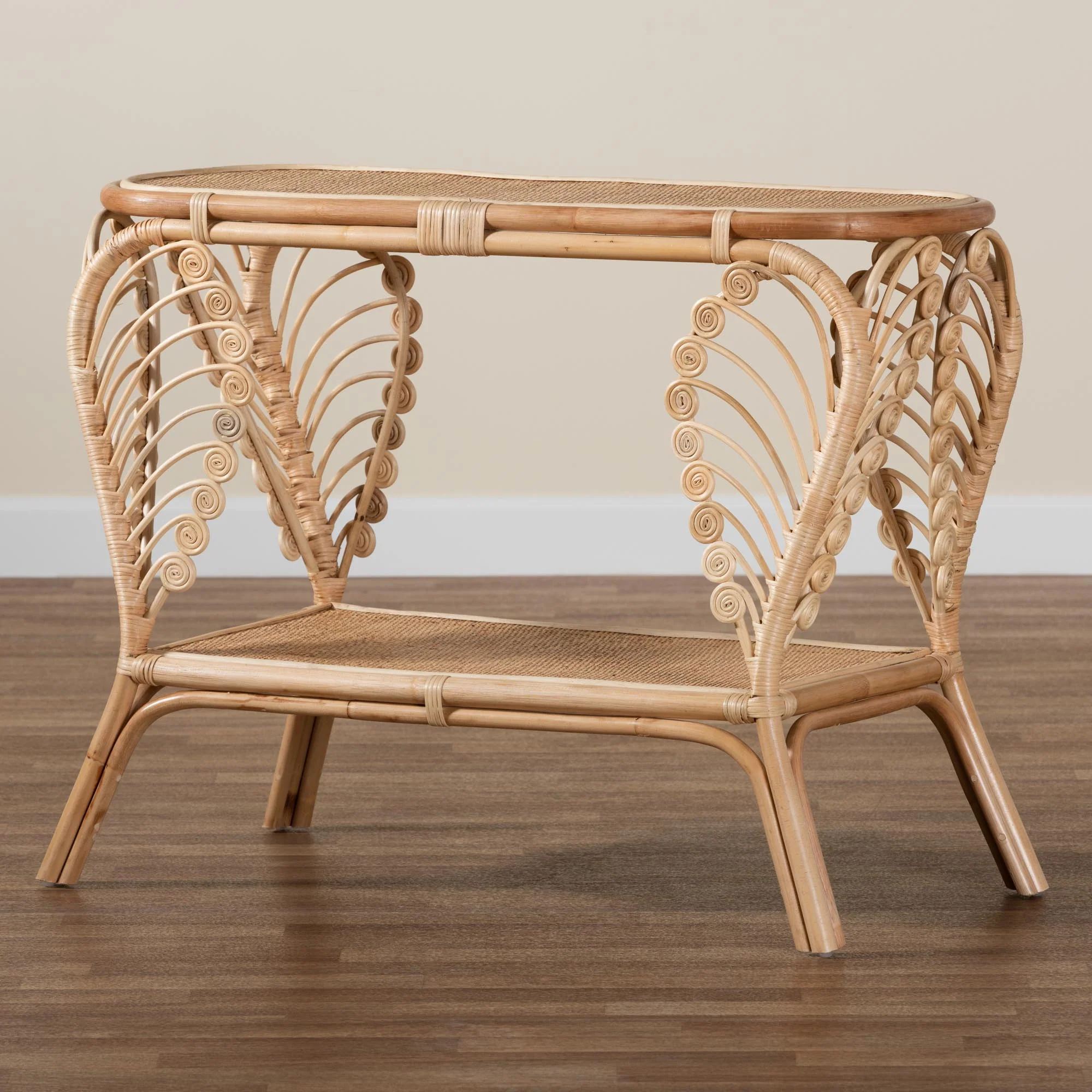 Baxton Studio bali & pari Bastet Modern Bohemian Natural Brown Rattan 2-Tier Console Table - Image 9