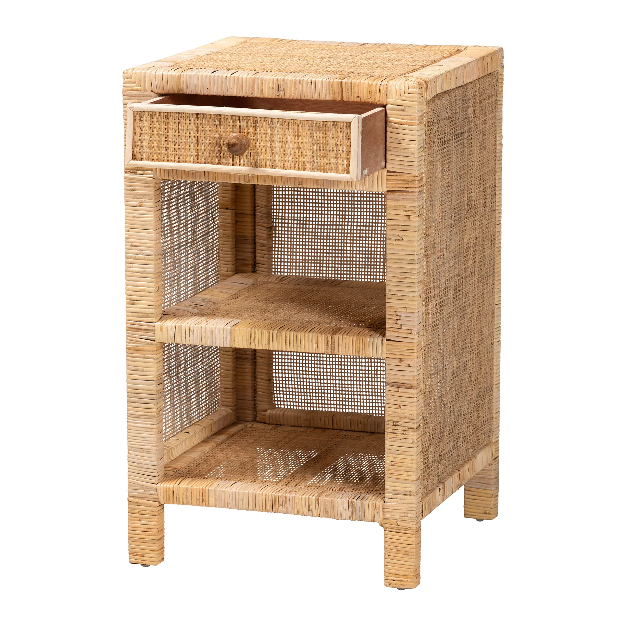Baxton Studio bali & pari Bella Modern Bohemian Natural Brown Mahogany Wood and Natural Rattan 1-Drawer Nightstand - Image 3