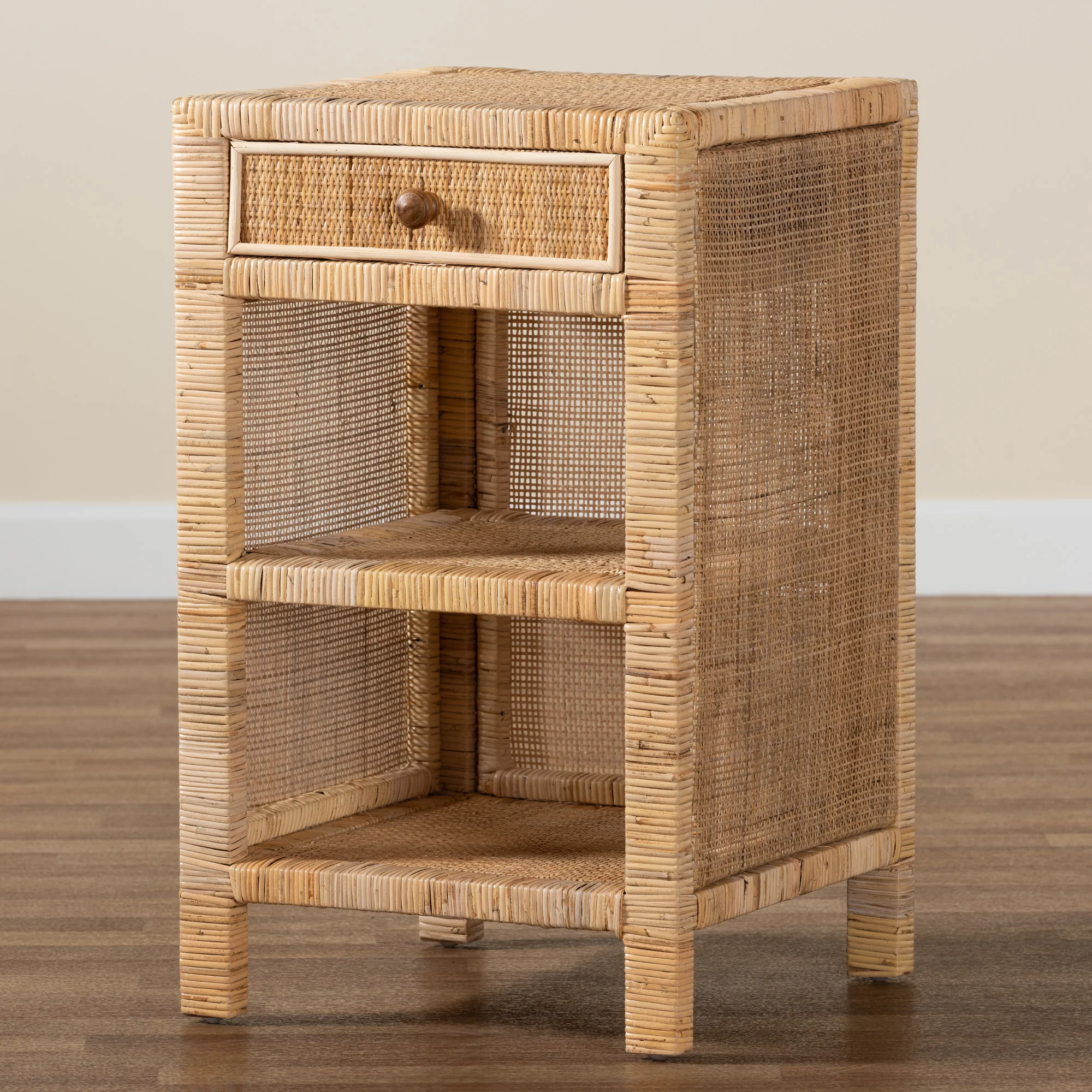 Baxton Studio bali & pari Bella Modern Bohemian Natural Brown Mahogany Wood and Natural Rattan 1-Drawer Nightstand - Image 9