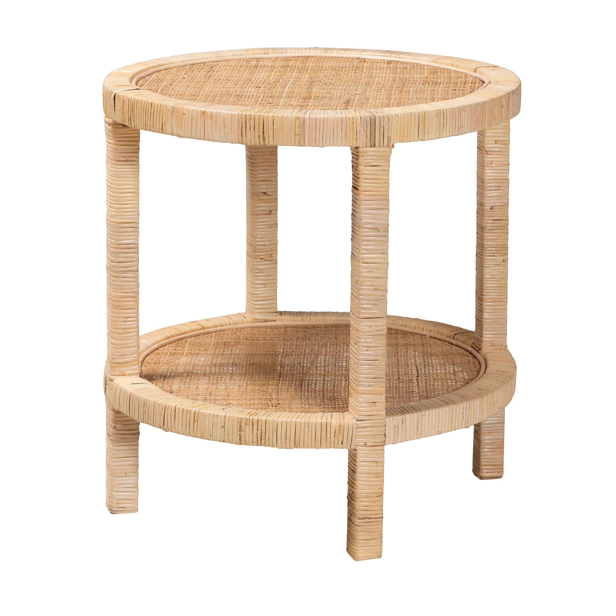 Baxton Studio bali & pari Bella Modern Bohemian Natural Brown Mahogany Wood and Natural Rattan 2-Tier End Table - Image 2