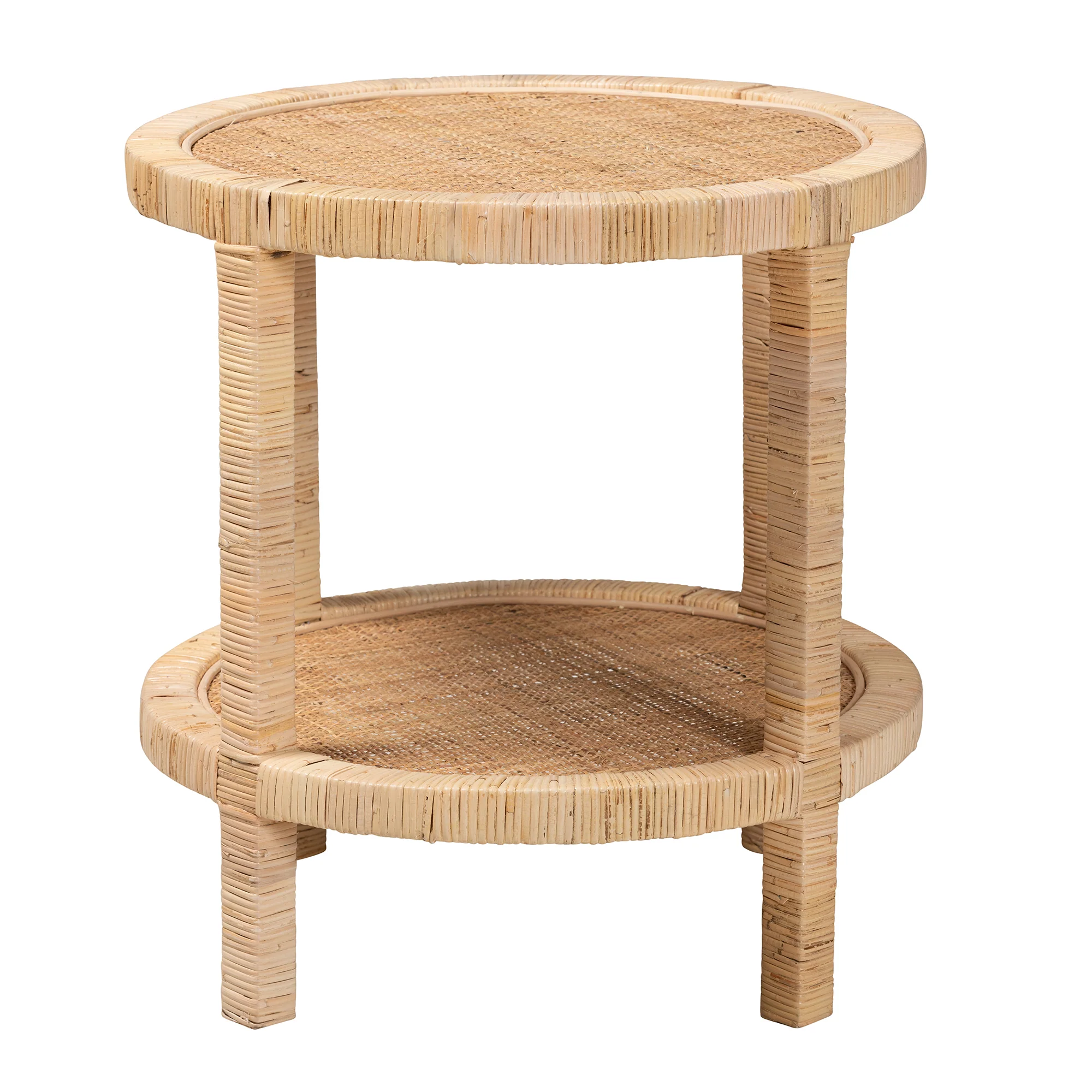 Baxton Studio bali & pari Bella Modern Bohemian Natural Brown Mahogany Wood and Natural Rattan 2-Tier End Table - Image 3