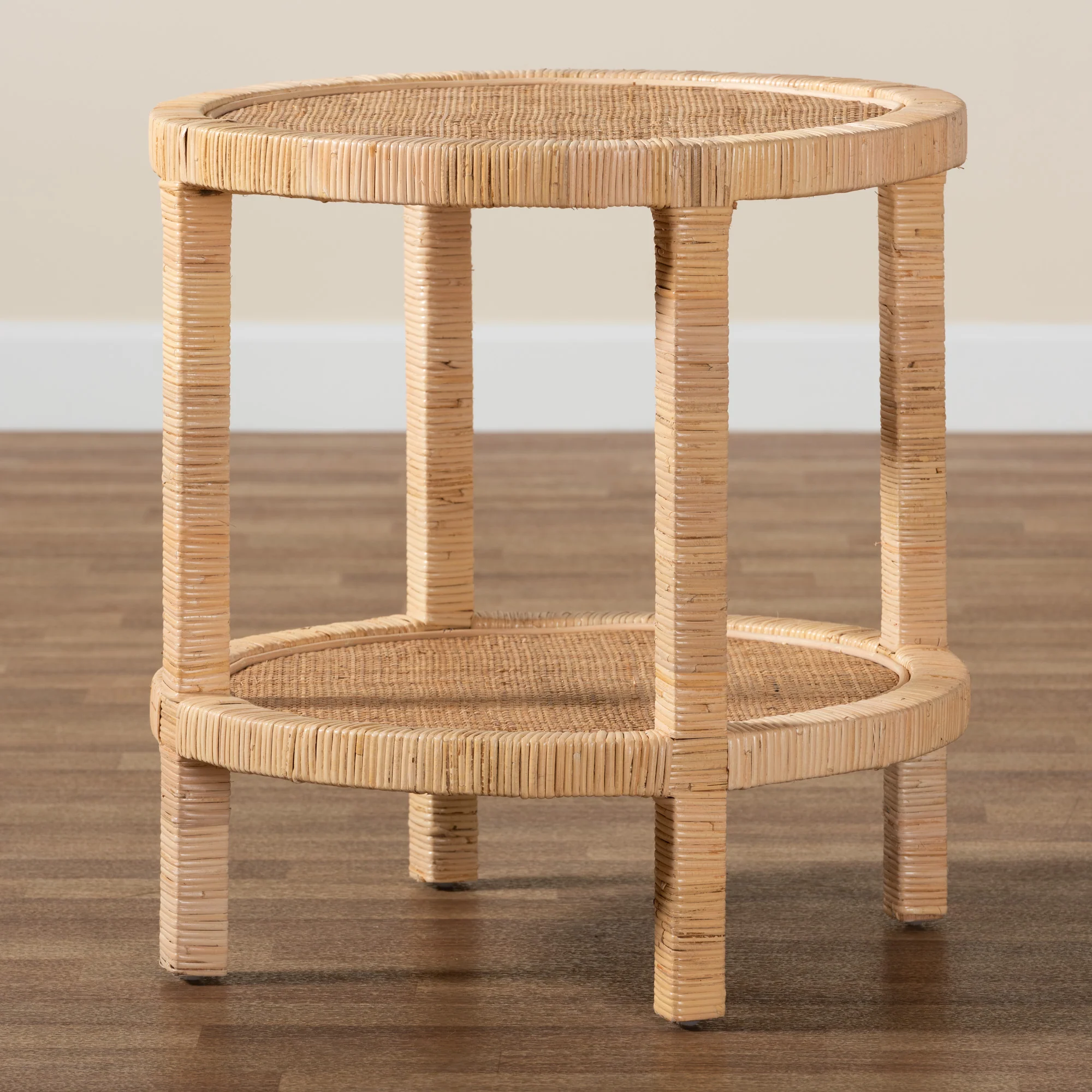 Baxton Studio bali & pari Bella Modern Bohemian Natural Brown Mahogany Wood and Natural Rattan 2-Tier End Table - Image 7