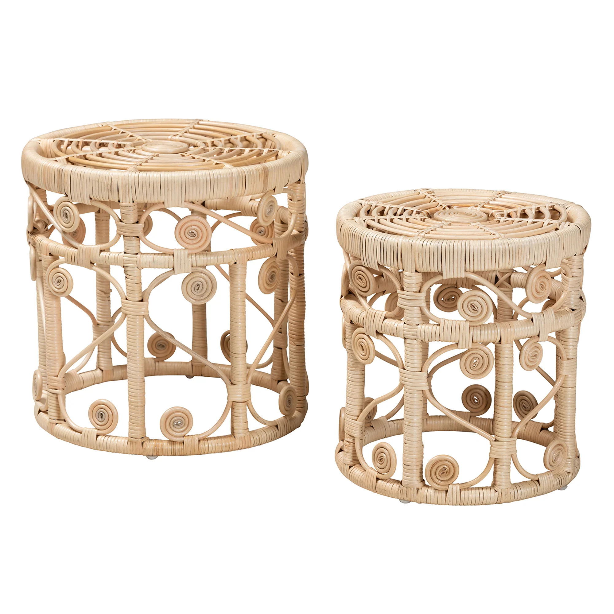 Baxton Studio bali & pari Bowie Modern Bohemian Natural Brown Rattan 2-Piece Nesting End Table Set - Image 3