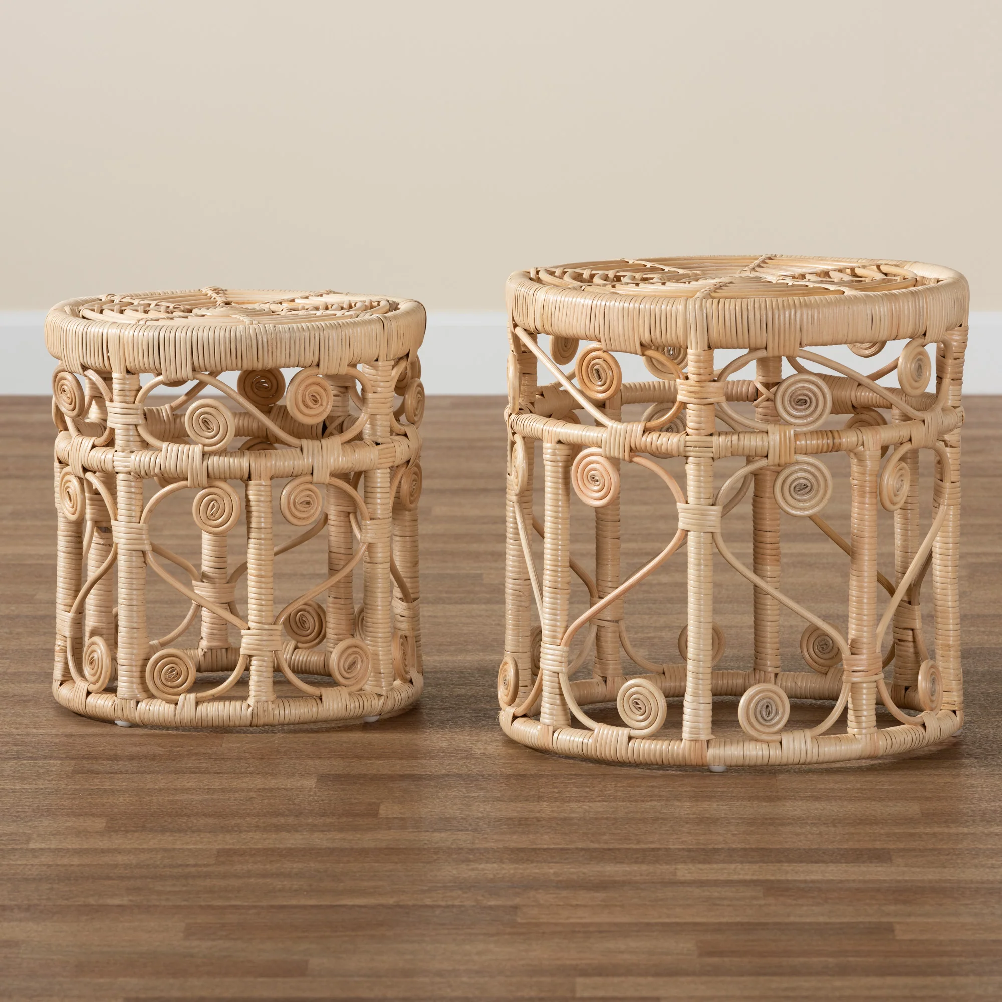 Baxton Studio bali & pari Bowie Modern Bohemian Natural Brown Rattan 2-Piece Nesting End Table Set - Image 8