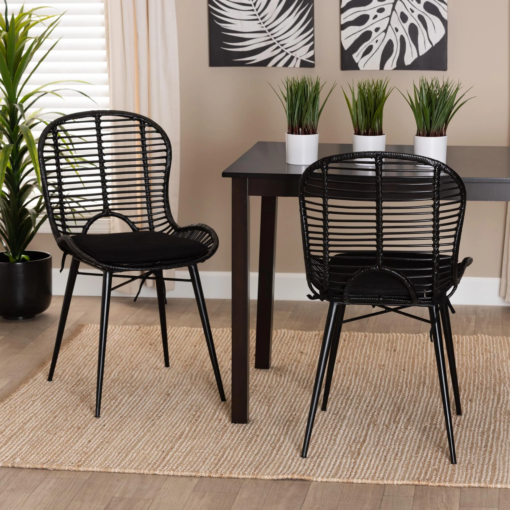 Baxton Studio bali & pari Brenna Modern Bohemian Greywashed Rattan and Black Metal 2-Piece Dining Chair Set - Image 10