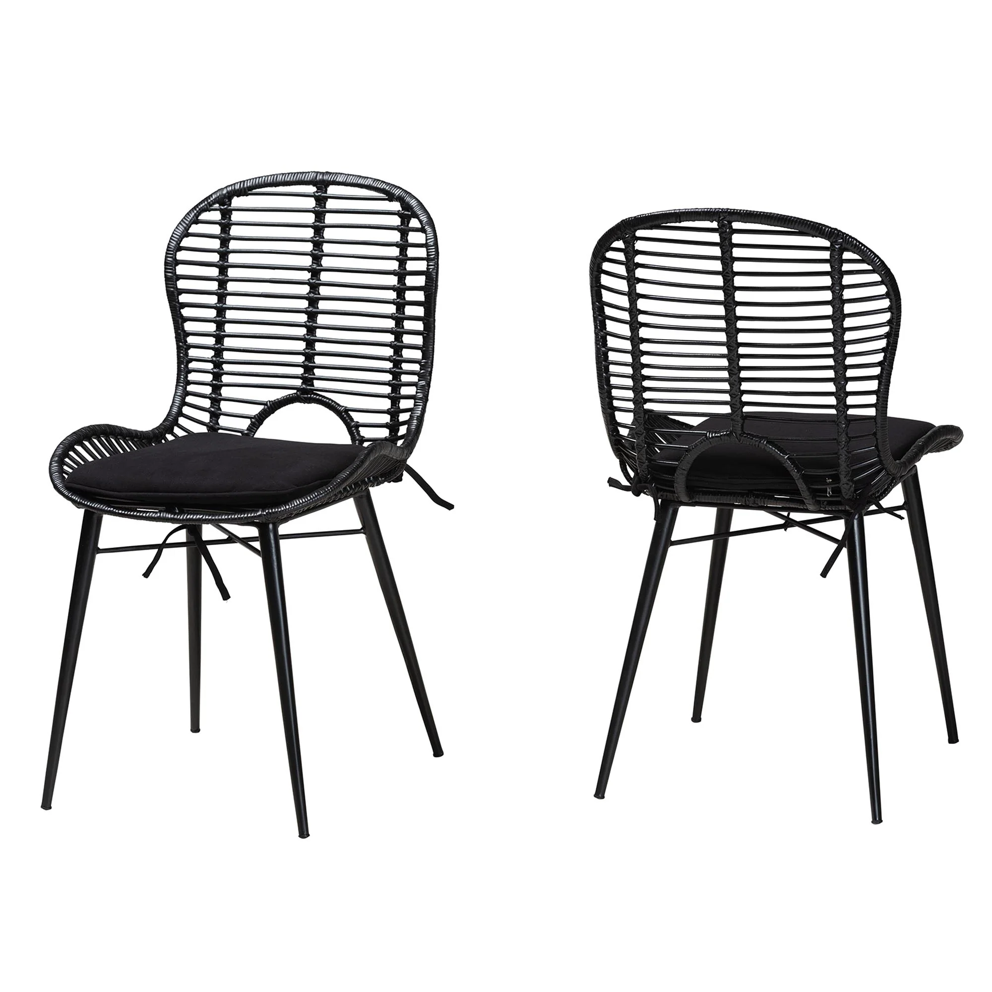 Baxton Studio bali & pari Brenna Modern Bohemian Greywashed Rattan and Black Metal 2-Piece Dining Chair Set - Image 11