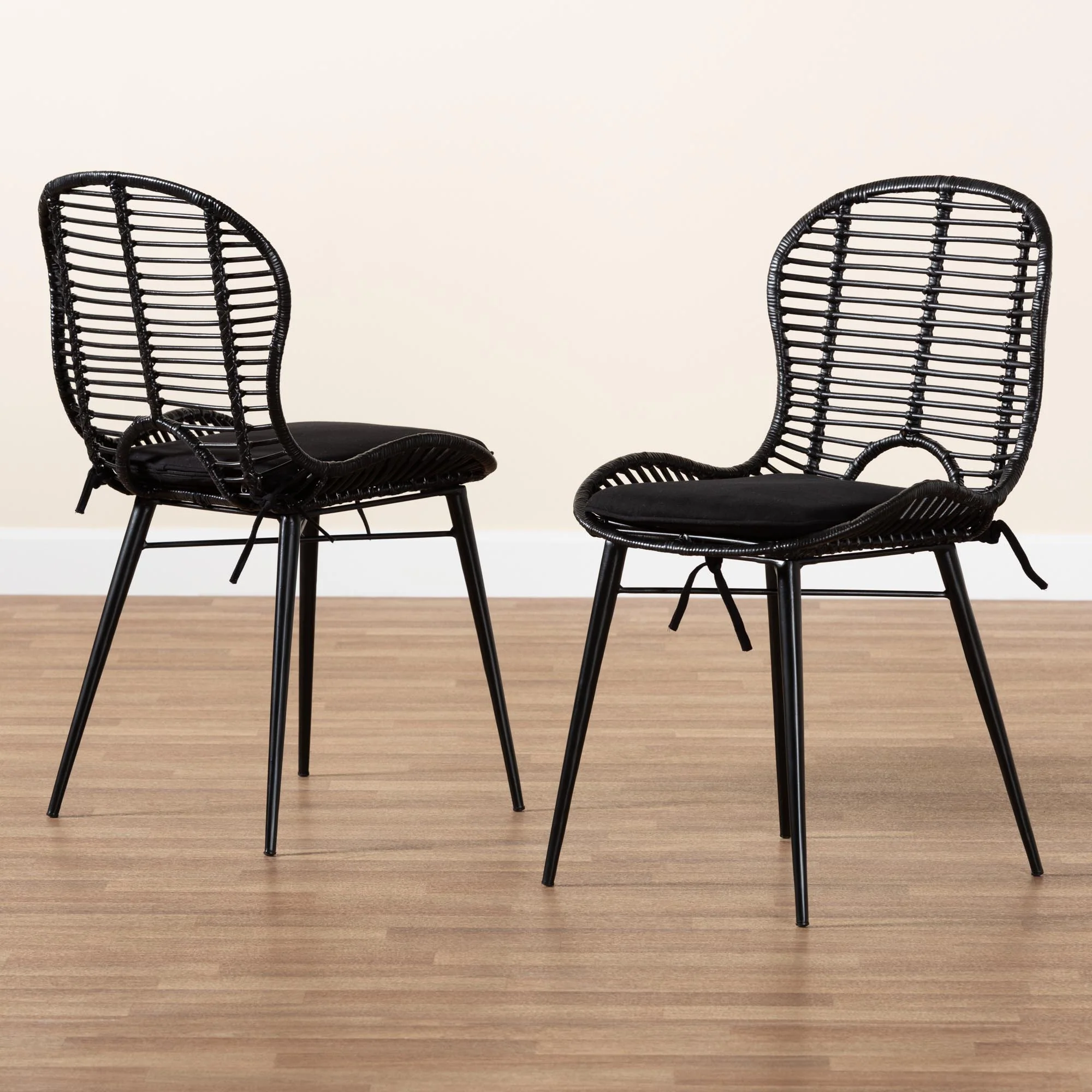 Baxton Studio bali & pari Brenna Modern Bohemian Greywashed Rattan and Black Metal 2-Piece Dining Chair Set - Image 18