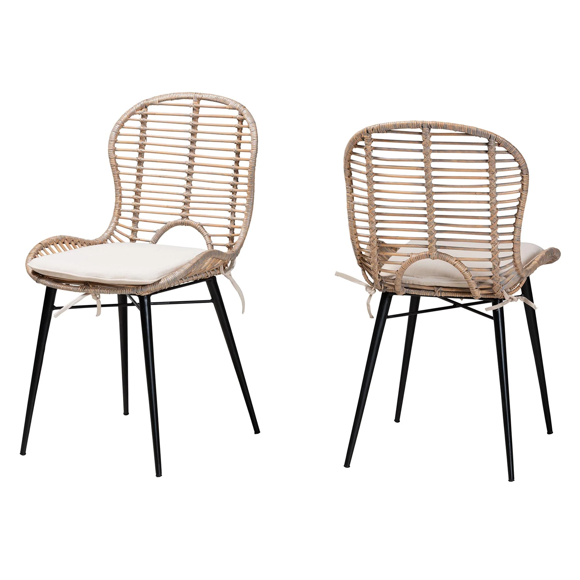 Baxton Studio bali & pari Brenna Modern Bohemian Greywashed Rattan and Black Metal 2-Piece Dining Chair Set - Image 2