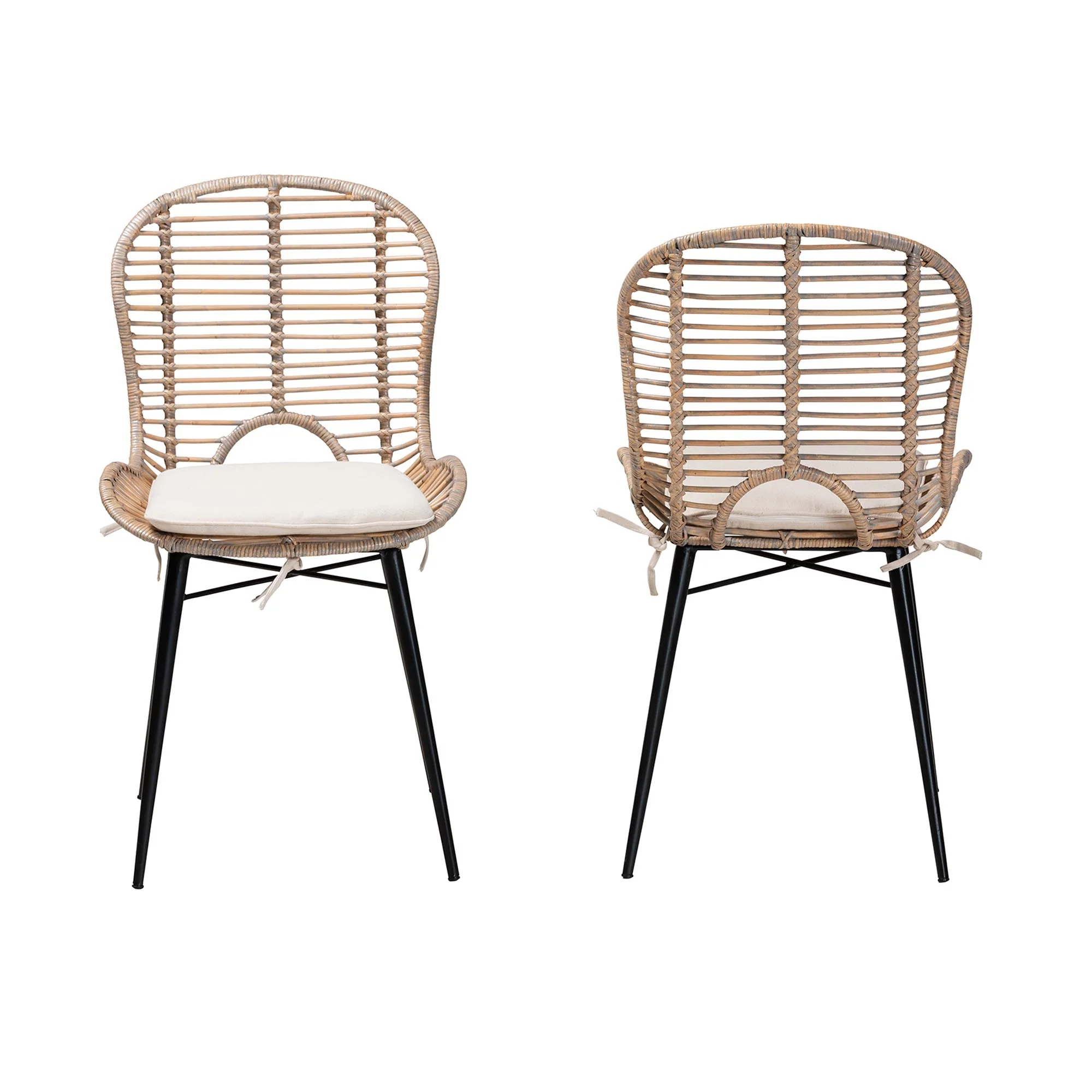 Baxton Studio bali & pari Brenna Modern Bohemian Greywashed Rattan and Black Metal 2-Piece Dining Chair Set - Image 3