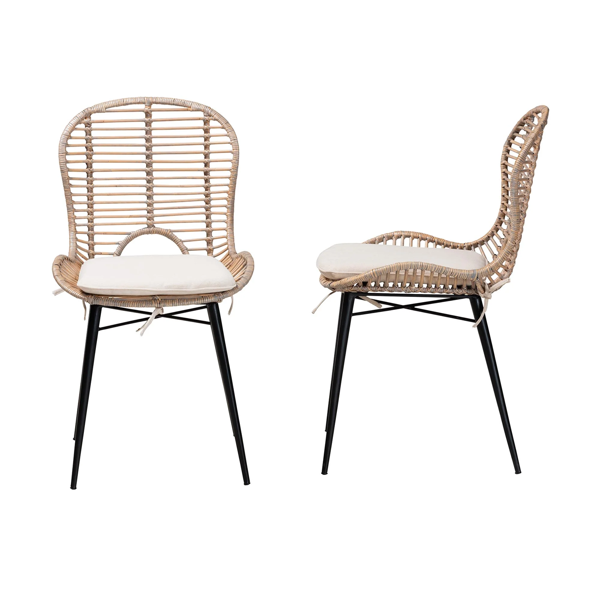Baxton Studio bali & pari Brenna Modern Bohemian Greywashed Rattan and Black Metal 2-Piece Dining Chair Set - Image 4